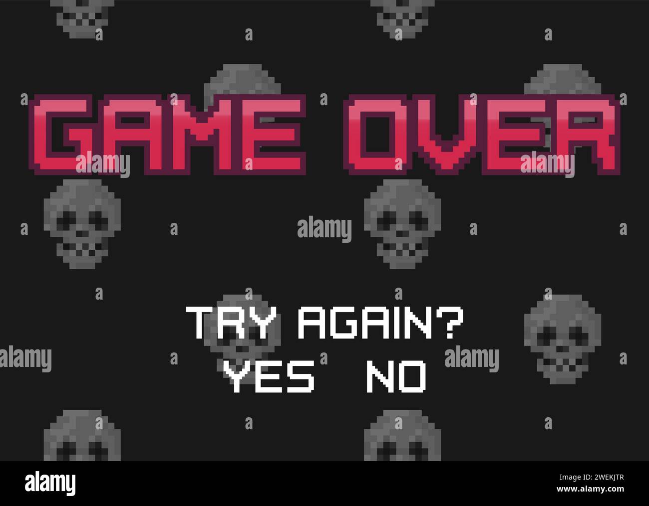 Pixel art Game Over screen with human skulls on background. 8-bit retro ...