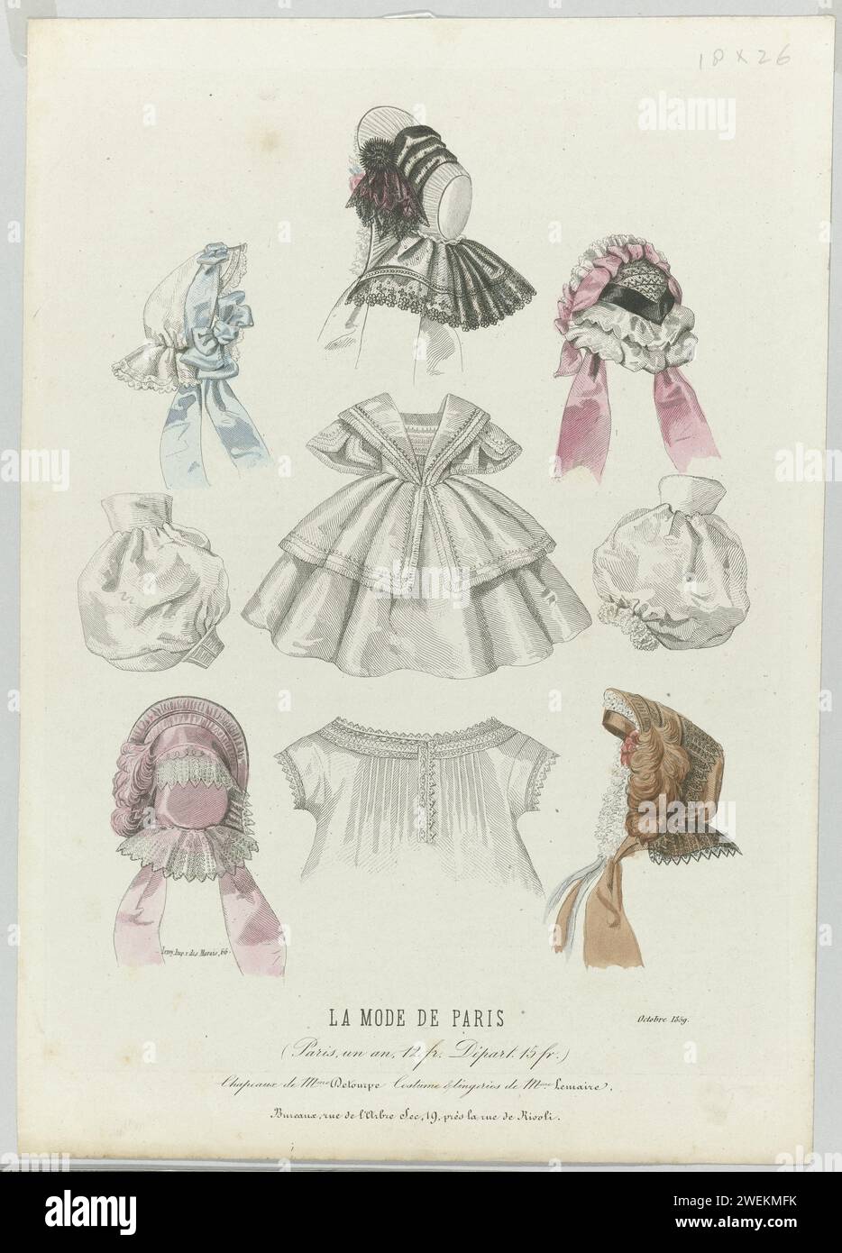 Paris fashion, October 1859: hats by Mme Détourp (...), 1859  Five different hats with bow ribbons, a dress, undershirt (chemise) and two loose pink -lodging. According to the caption: hats of Detourpe. Costume and 'lingeries' from Lemaire. Print from the fashion magazine La Mode de Paris (1857-1867).  paper engraving fashion plates. head-gear: hat (+ women's clothes). underclothes for the whole body (UNDERDRESS) (+ women's clothes). Stock Photo