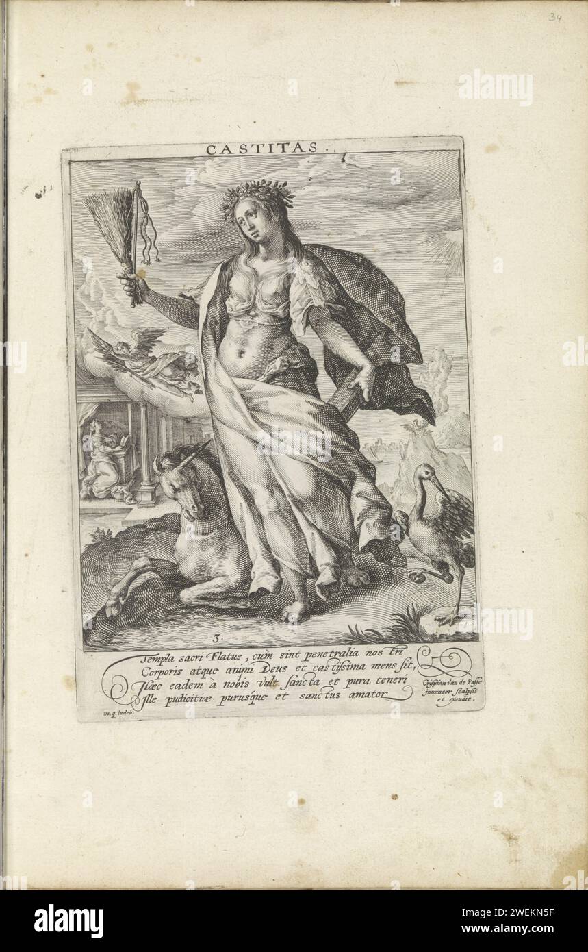 Chastity, 1589 - 1611 print The personification of chastity is in a landscape with a roe and whip in hand. At her feet is a unicorn, the symbol for virginity. In the background the announcement to Mary by the angel Gabriël. On the right a stork, which symbolizes the resistance of temptation. Under the show a four -line verse in Latin. This print is part of an album.  paper engraving 'Castità ', 'Pudicitia', 'Vergogna honesta' (Ripa). shore-birds and wading-birds: stork. unicorn. the Annunciation: Mary kneeling Stock Photo