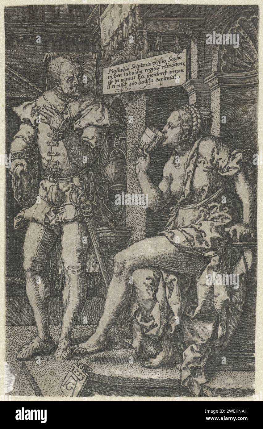 Sophonisba drinks poison, Heinrich Aldgrever, 1553 print Sophonisba sitting with the poison cup at her mouth. Next to her a servant of her second husband Massinissa, who brought the poison cup. On the wall a cartouche with a four -line text in Latin.  paper engraving death of Sophonisbe: she receives from a servant a cup of poison sent to her by Masinissa Stock Photo