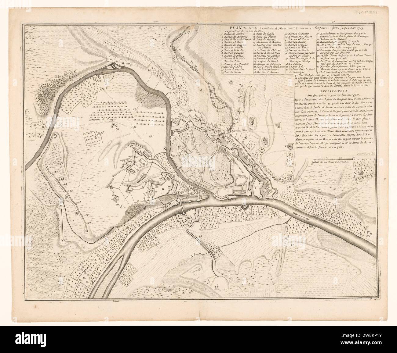 Map of Namur, 1709, Jacobus Harrewijn, 1709 - 1712 print Map of Namur with the reinforcements up to the year 1709. At the top right of the legend 1-53 and a statement. Below a bowl: Eschelle de 300 Toises de Rhynland.  paper etching maps of cities Names (city) Stock Photo