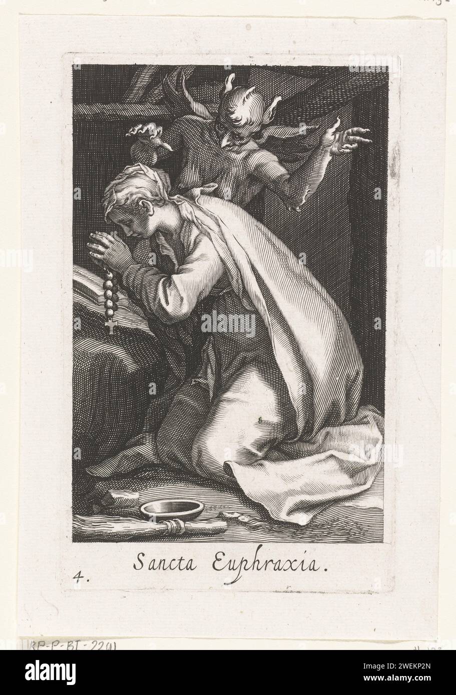 Holy Euphrasia of Constantinople as a recluse, Boëtius Adamsz. Bolswert, after Abraham Bloemaert, 1619 print The holy Euphrasia of Constantinople kneels in prayer her recluse cell while a devil tries to tempt her.  paper engraving female saints. anchorite, hermit. devil(s) and demons Stock Photo