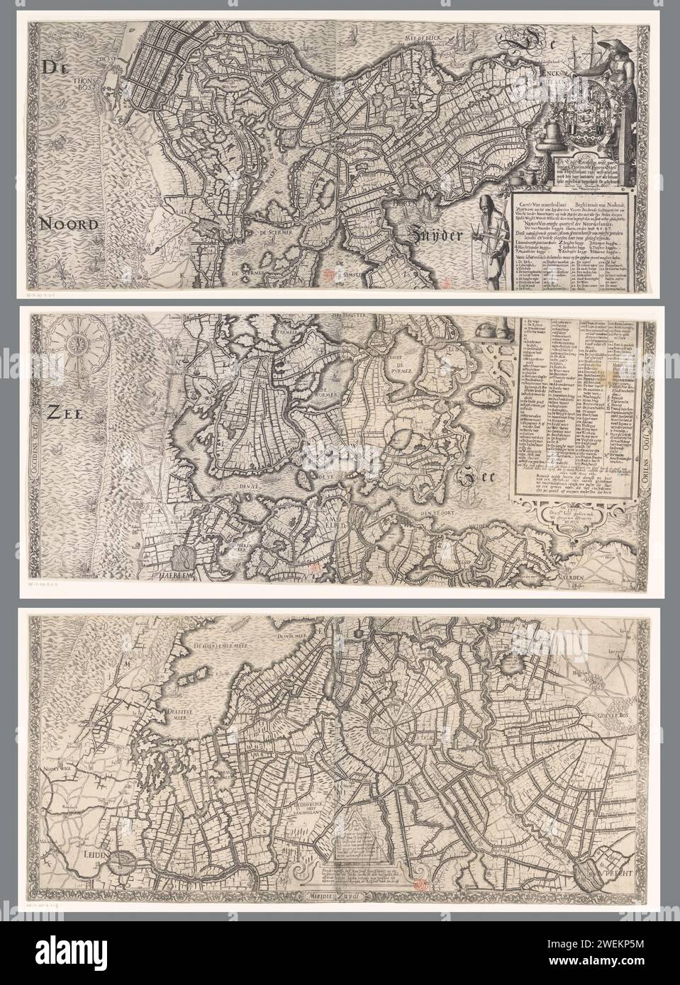 Map of Noord-Holland, consisting of three parts, Joost Jansz. Bilhamer (attributed to), 1608 print On the right a cartouche with the title and the legend in Dutch. To the left of this a standing fisherman with a passer and shooting shelter. Above the cartouche the assignment and a standing farmer's wife at the provincial views, with a ship model, cheeses, vegetables and products from the country. At the bottom in the middle a cartouche with the patent granting of the first state of the map. The passer on this also serves as a scale: the passer spans a mijle.  paper etching / engraving maps of Stock Photo