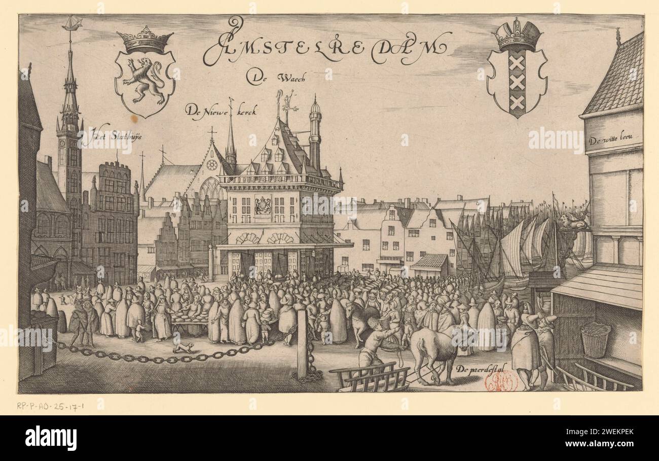 View of the old town hall, the Nieuwe Kerk and the Waag on Dam Square in Amsterdam, Cornelis Dircksz. Boissens (Possibly), 1594 - in Or Before 1665 print View of the Dam in Amsterdam, with the old town hall on the left, to the right of it in the background the Nieuwe Kerk and in the middle the Waag. On the right in the foreground the inn De Witte Leeuw, behind it 't Water. Many figures on Dam Square. At the top left of the Wapen van Holland, in the middle the title, and at the top right the Wapen van Amsterdam.  paper engraving townhall. church (exterior). weigh-house. village square, place (+ Stock Photo