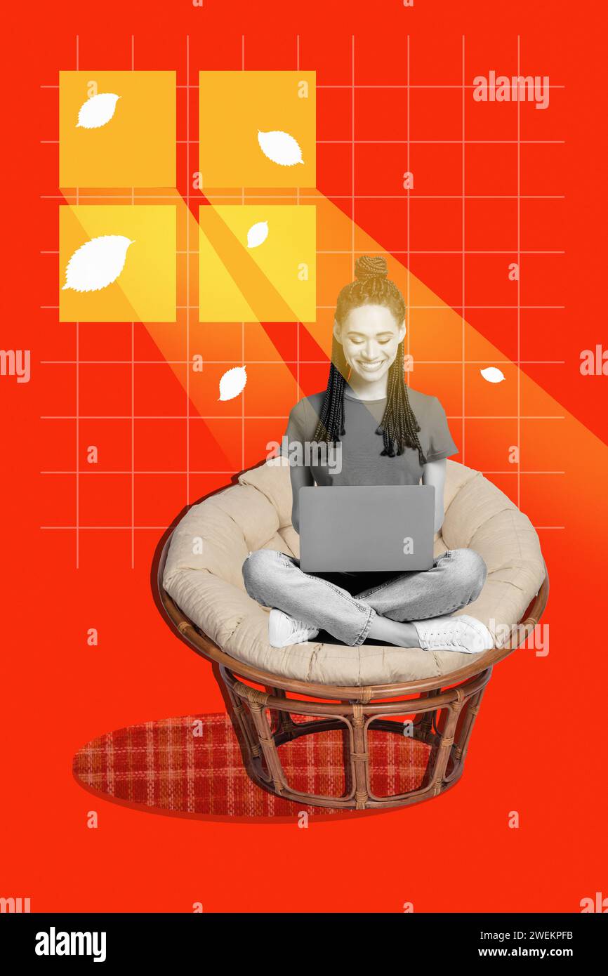 Creative abstract template collage of young female sit comfy room ...