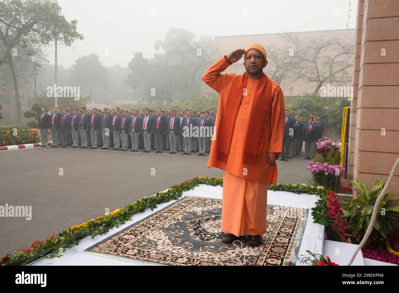 Uttar Pradesh state Chief Minister Yogi Adityanath salutes during the ...