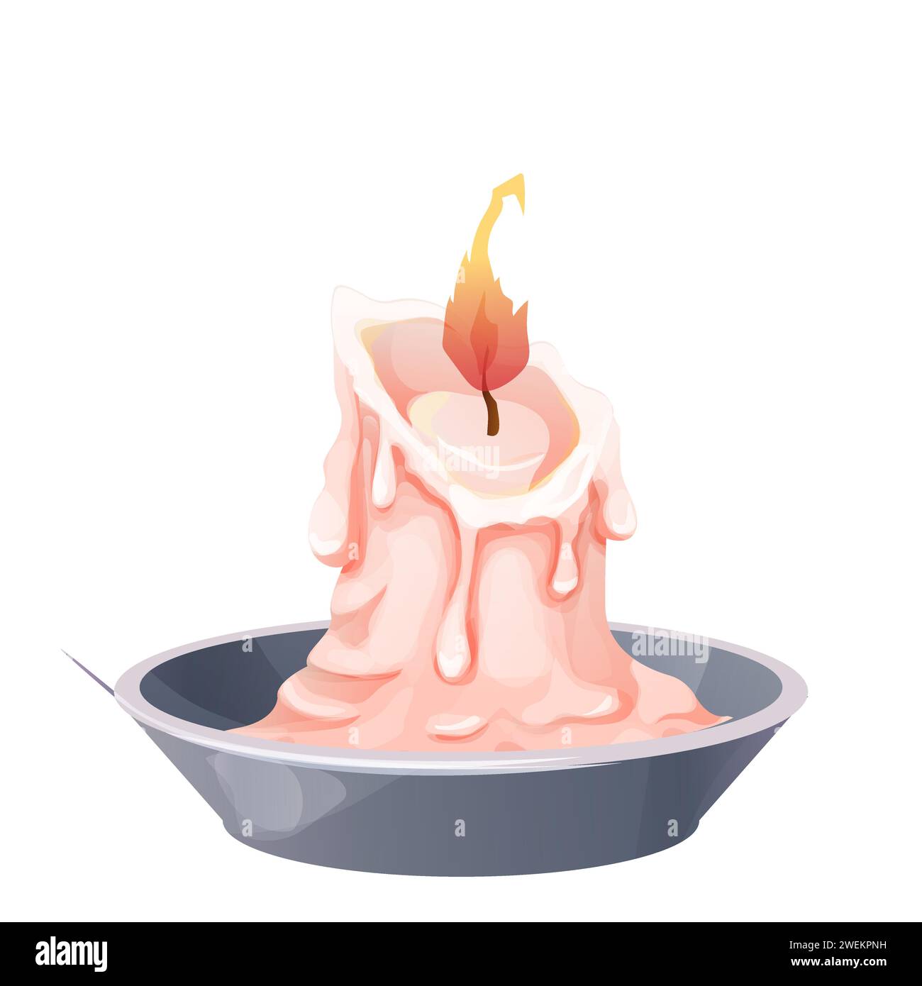 Wax candle with fire in metal holder, candelabra flame in cartoon style