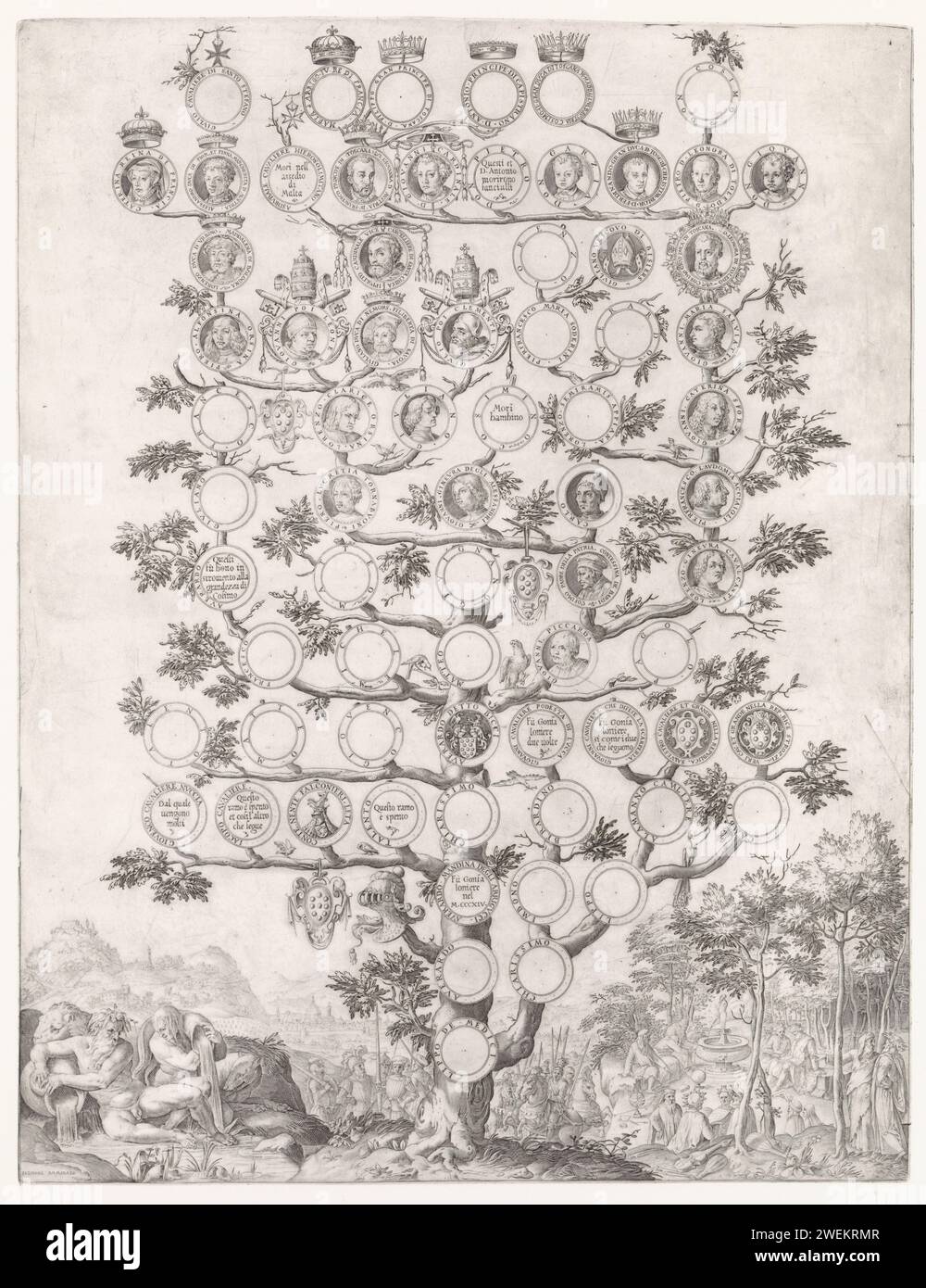 Family tree of the Medici family, Cornelis Cort, After, 1984 print Family tree of the Medici family from Florence. Some medallions are filled with weapons or portraits. The background shows the influence of the family in the region. At the back left a face on the city of Florence. Left front the river god of the Arno. On the right a meeting of the free arts at a fountain. Immediately behind the tree the army of the doctors.  paper engraving family lineage, pedigree, genealogical tree or table. river-gods. the liberal arts, 'Artes Liberales'. the soldier; the soldier's life Florence Stock Photo