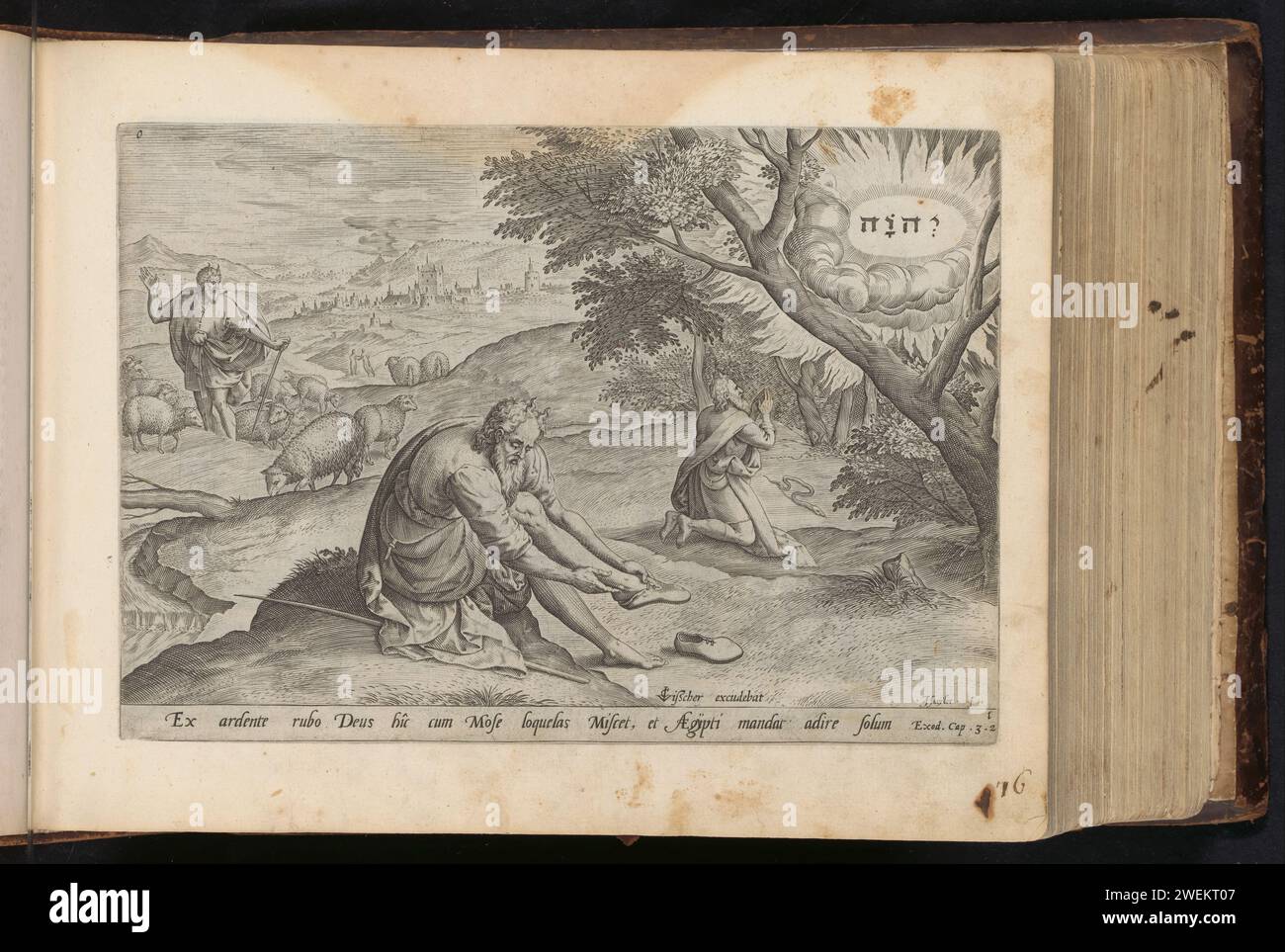 God appears to Moses in the burning Braambos, 1646 print Moses takes off his shoes in the foreground. On the second plan on the right, Moses kneels for the burning breaches above which the tetragram of God appears. In the background on the left, Moses is the sheep of his father -in -law Jetro. Under the performance a reference in Latin to the Bible text in ex. 3: 2. This print is part of an album.  paper engraving while tending Jethro's flock Moses comes to Horeb. a burning bush attracts Moses' attention. Moses taking off his sandals. Moses, kneeling before the bush and hiding his face, listen Stock Photo