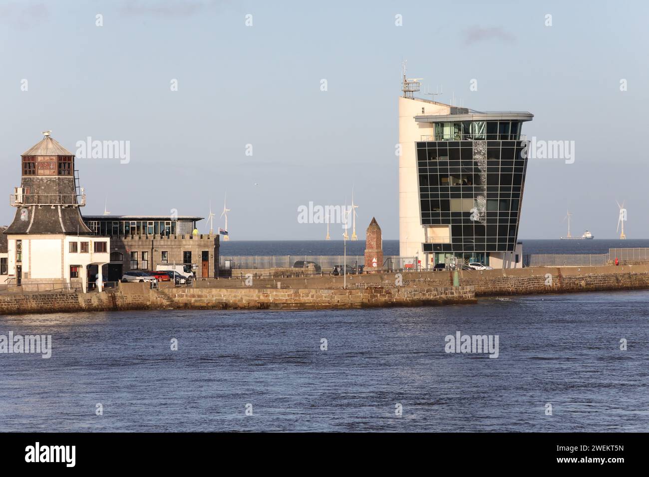 Aberdeen Harbour Marine Control Centre and Harbour Control Tower Silver darlings Restaurant Stock Photo