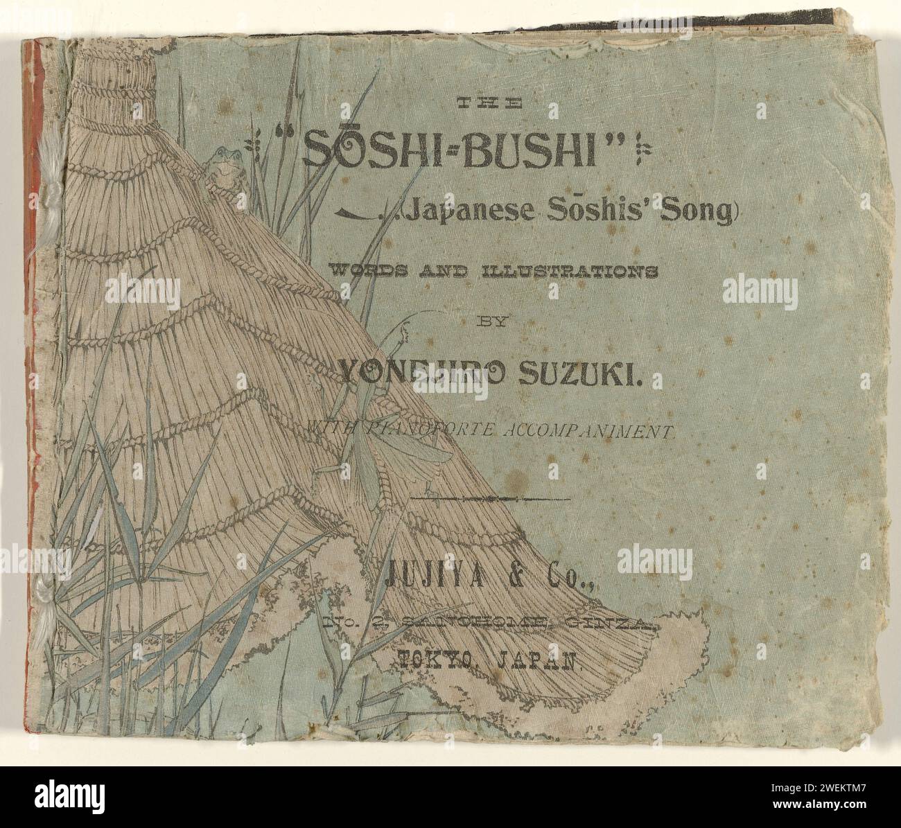 De 'shshi bushi' (japans sôshi lied), 1898 book Booklet from crepe paper with a straw hat on the cover on which a frog is sitting; 11 magazines: title page; introduction; 9 magazines with lyrics and illustrations of flowers, young men and women and the sôshi dance; advertisement of the publisher and Colophon.  crepe paper color woodcut Stock Photo