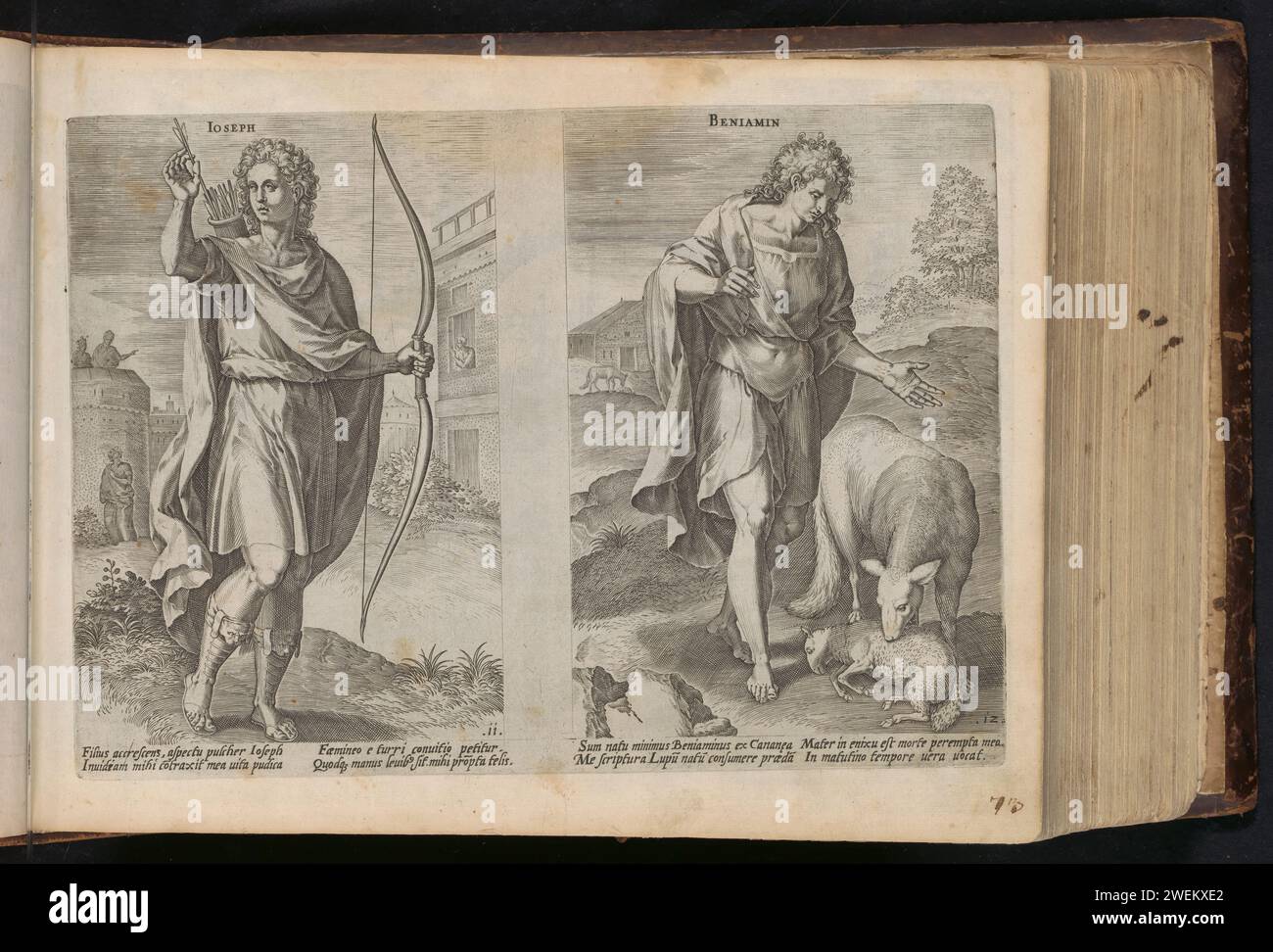 Ancestors Josef and Benjamin, 1646 print Left ancestor Jozef, the eleventh son of Jakob. Joseph has a bow and pulls an arrow out of a tube on his back. On the right ancestor Benjamin, the twelfth and last son of Jakob. In addition to Benjamin, a wolf devours a sheep, a reference to Benjamin as 'torn wolf'. Under the performances a reference in Latin to the Bible text. This print is part of an album.  paper engraving . Stock Photo