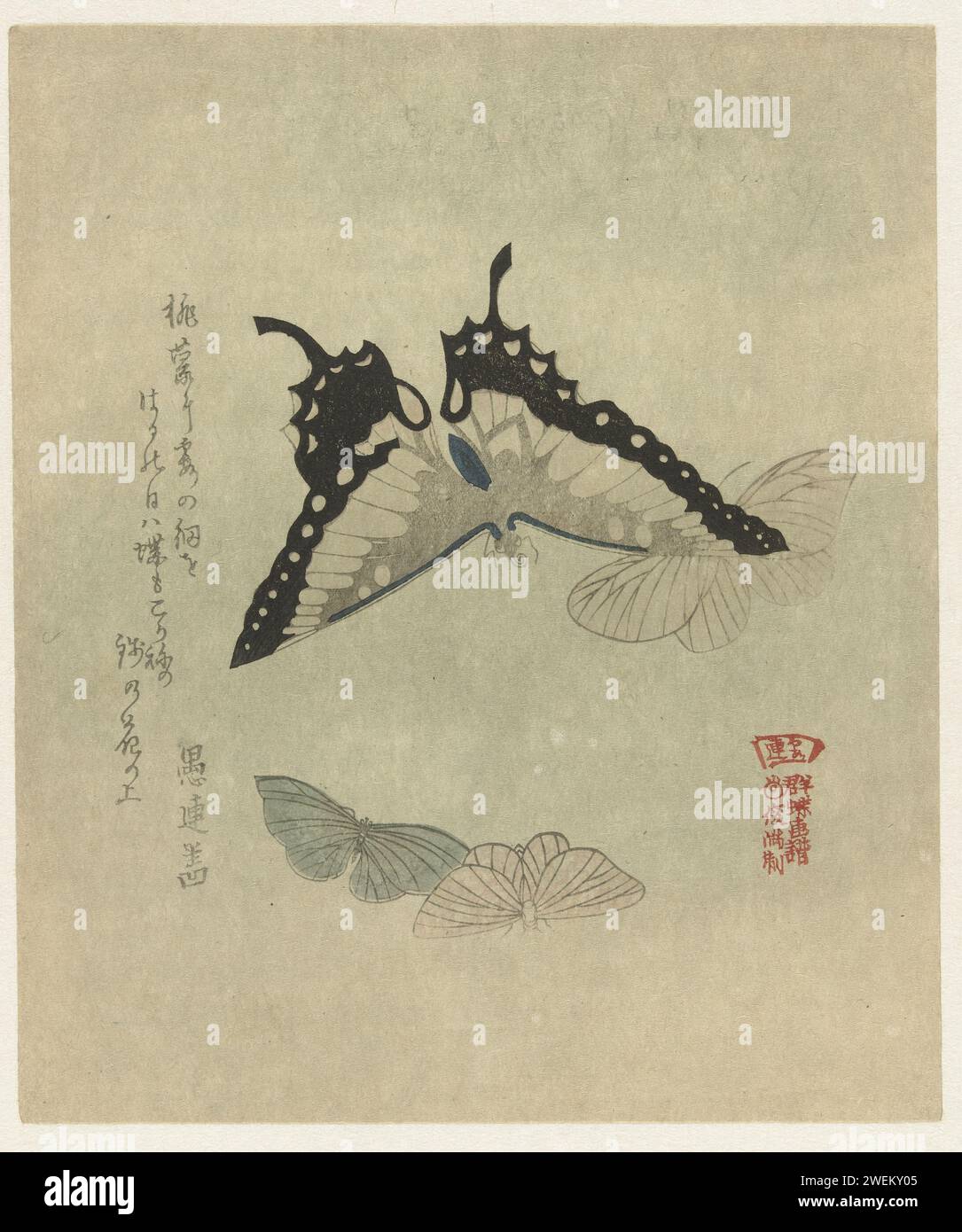 Four butterflies, c. 1880 - c. 1900 print Four butterflies with one poem. This print is a copy from the Late Meiji period (1868-1912).  paper color woodcut insects: butterfly Stock Photo