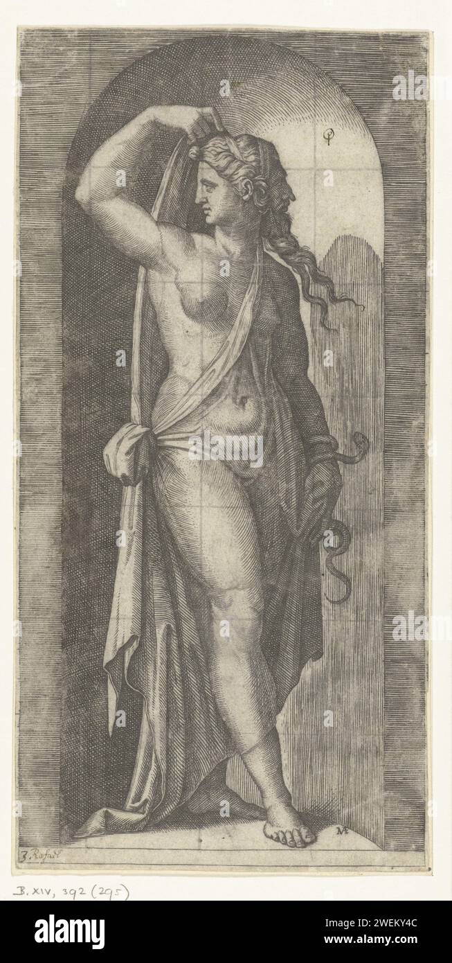 Woman as personification of caution (prudentia) with snake and mask, Marcantonio Raimondi, After Rafaël, 1510 - 1527 print   paper engraving Prudence, 'Prudentia'; 'Prudenza' (Ripa)  one of the Four Cardinal Virtues Stock Photo