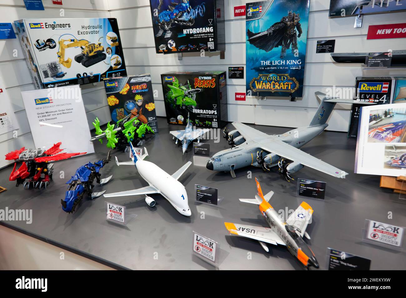 Model Construction Kits and Warcraft Products on the Revell Stand, at the 2024 Toy Fair, Olympia Stock Photo