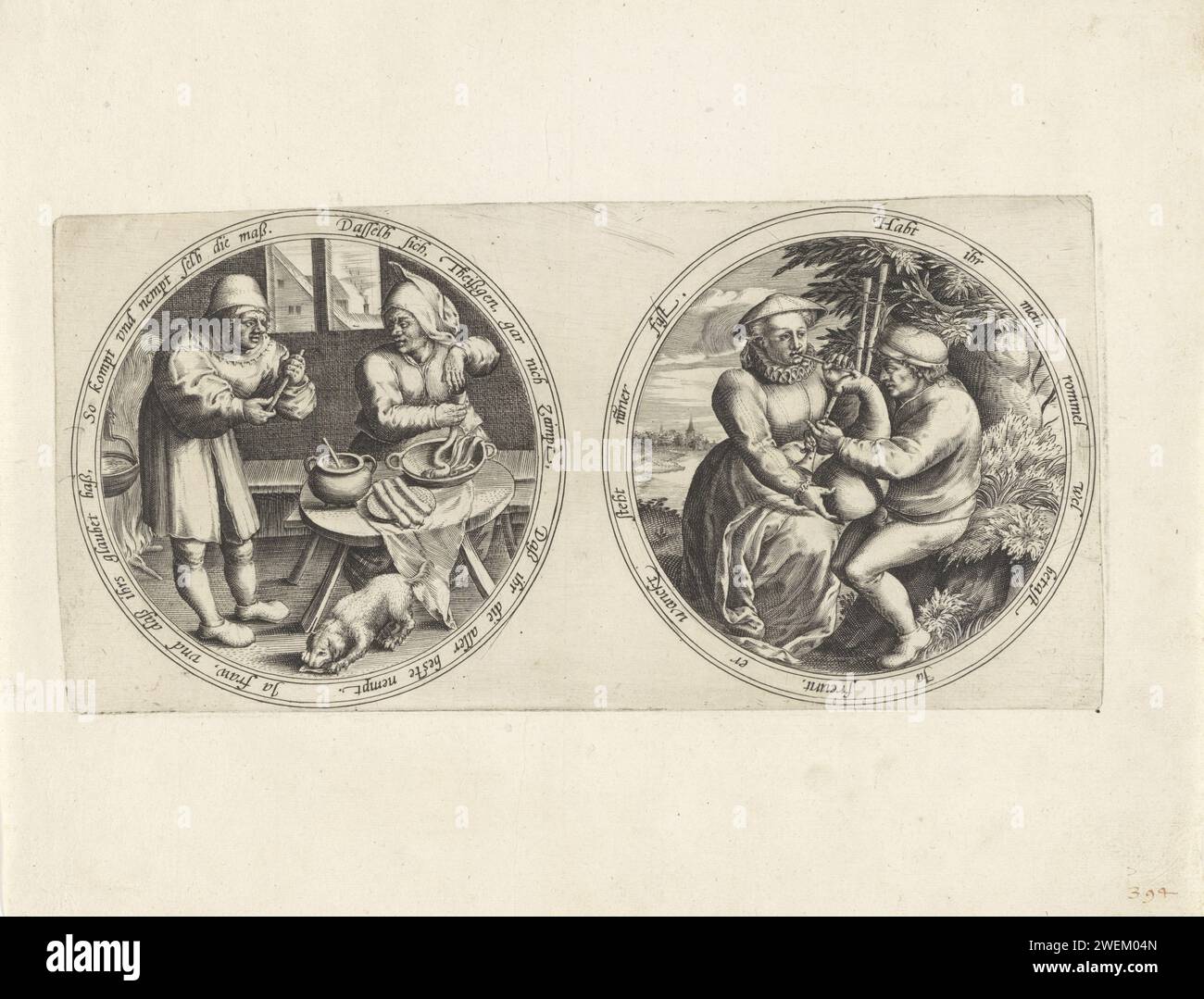Sausage makers and a bagpipe player, Anonymous, After Marten van Cleve (I), 1555 - 1631 print Two medallions with an ambiguous edge in German. On the left medallion, a woman turns a sausage at a table. Next to her is a man with a dumb stick in his hand. A dog is eating under the table. Behind them a pot hangs above the fire. On the right medallion, a woman plays a bagpipe outside under the supervision of a man.  paper engraving butcher, slaughterman. sausage. bagpipe, musette - CC - out of doors. sensuality Stock Photo