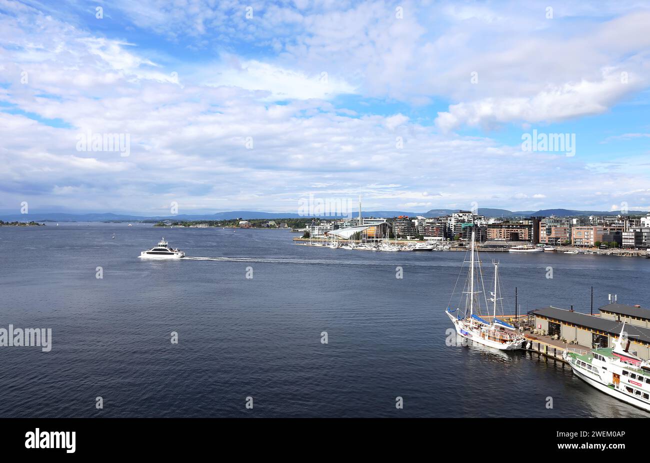 The Oslo Norway Harbor is one of Oslo's great attractions. Situated on the Oslo Fjord in Oslo, Norway Stock Photo