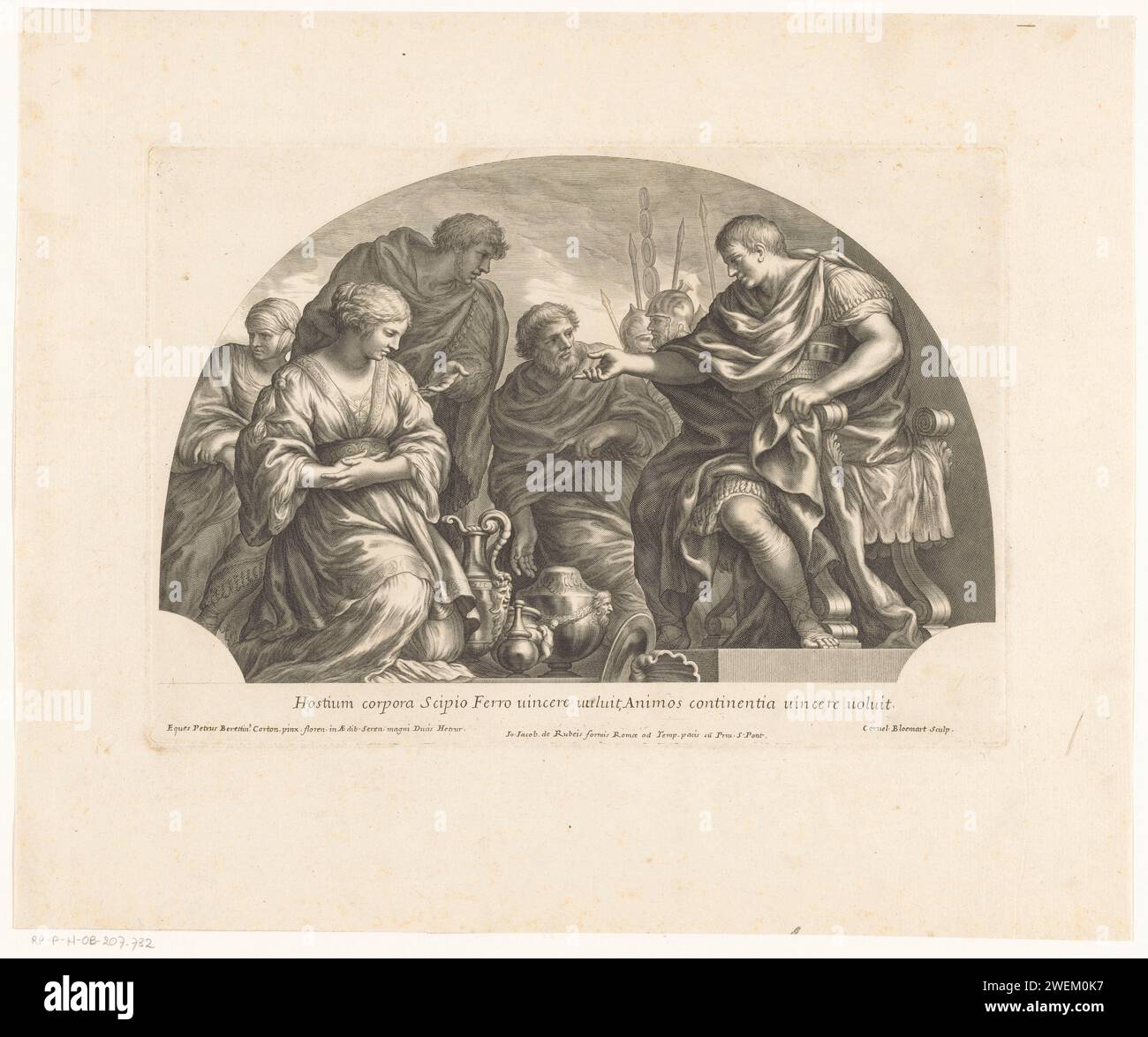 Scipio, c. 1677 print Scipio Africanus, seated on a throne, points to a young woman who is kneeling in front of him. Two men and a female servant in the background. Title in Latin in STUDMARGE. The print originally belonged to Liber 22 of the Atlas of Rome by Michiel Hinloopen (Schijnvoet Book 10).  paper etching / engraving (story of) P. Cornelius Scipio Africanus Major Stock Photo