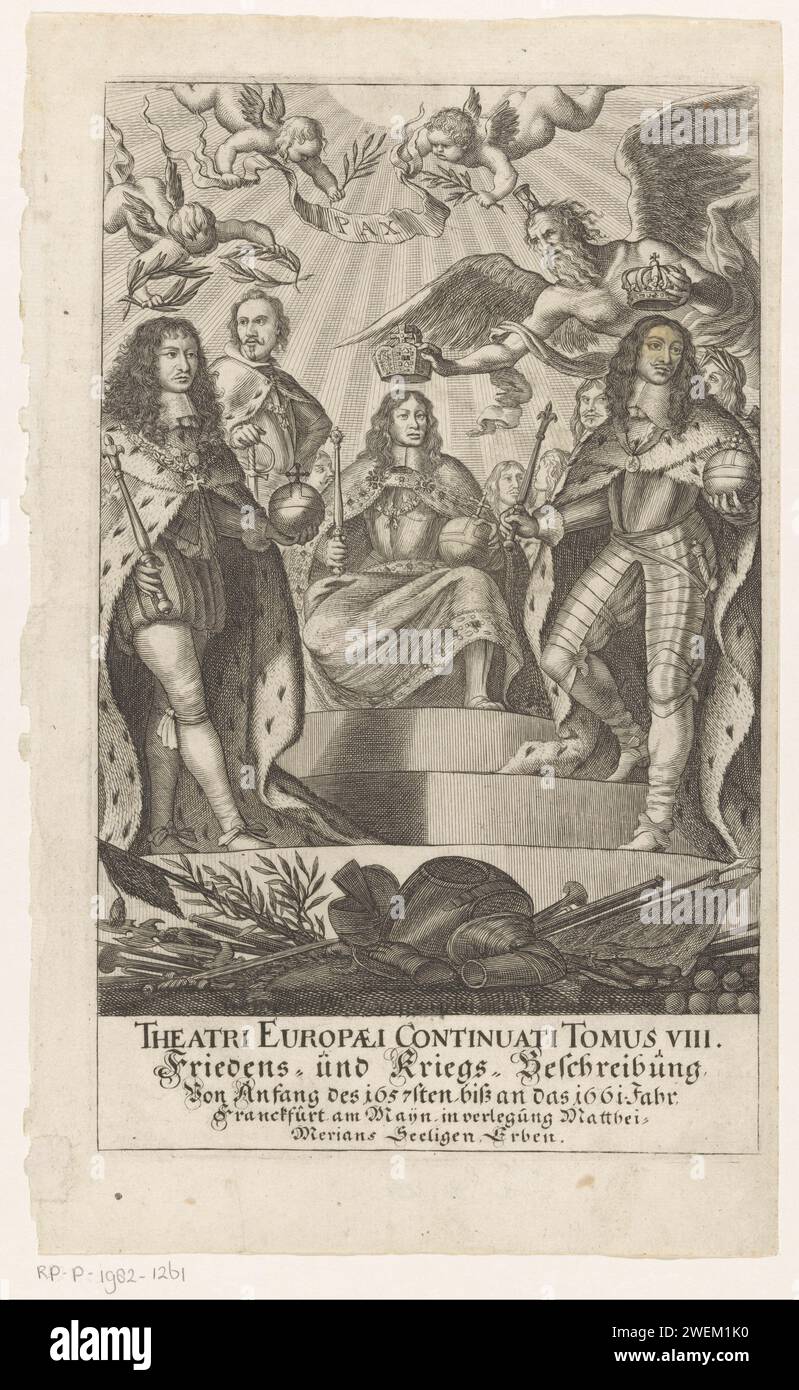 Lauwering and Coronation of Koningen, 1663 print Two kings with scepter and government apple are on either side of a sitting king, also with scepter and government apple in hand. On the left next to the sitting king is a man with a sword. The two men on the left are honored by a putto. Father time with hourglass crowns the sitting and standing king on the right. At the top two putti with banderol with pax fly. In the foreground a weapon trophy.  paper engraving / etching crowning with laurel. crown (symbol of sovereignty). king. Father Time, man with wings and scythe Stock Photo