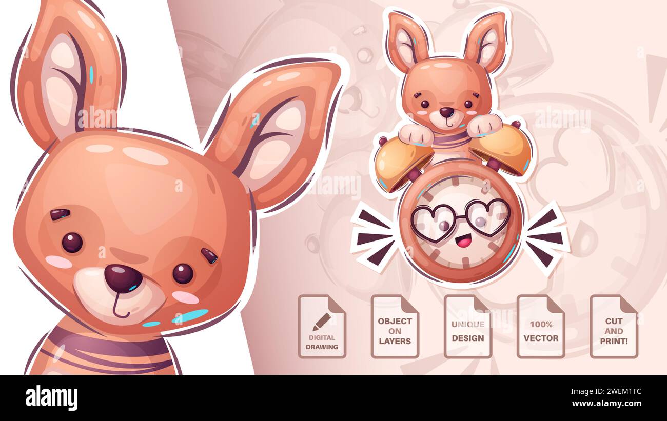 Kangaroo and Clock Cartoon Characters. Cute Amimal. Clock Illustration for Kids Stock Vector