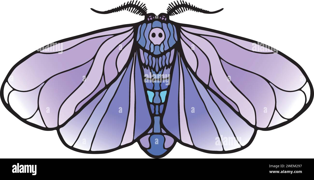 Intricate, symmetrical Death's Head Hawkmoth, Art Nouveau and Gothic inspiration, radiant stained glass with vibrant, natural hues - blue purple shade Stock Vector