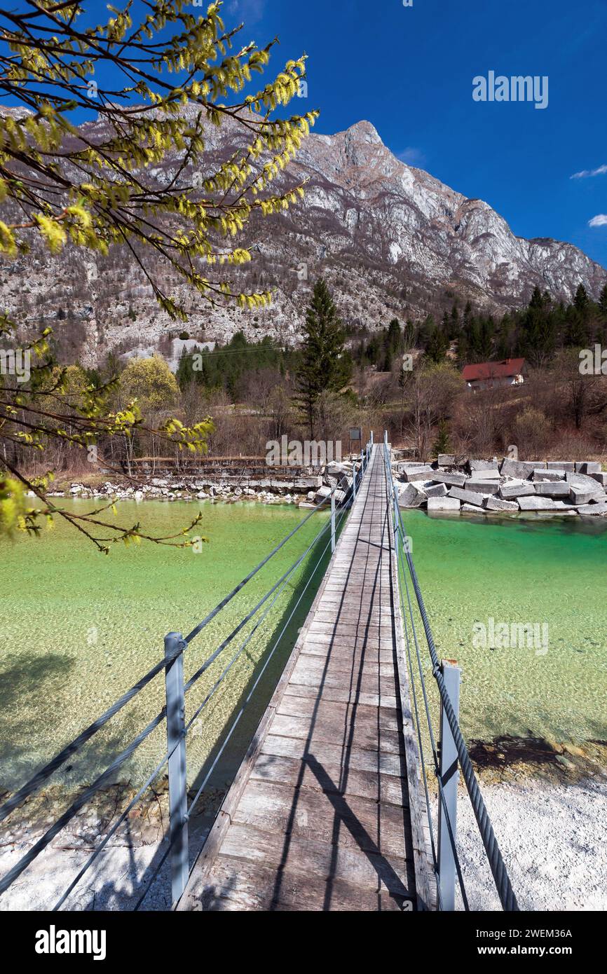 Suspended Bridge in Alps over Green River into Mountain Range with Blue Sky Vertical Image Stock Photo