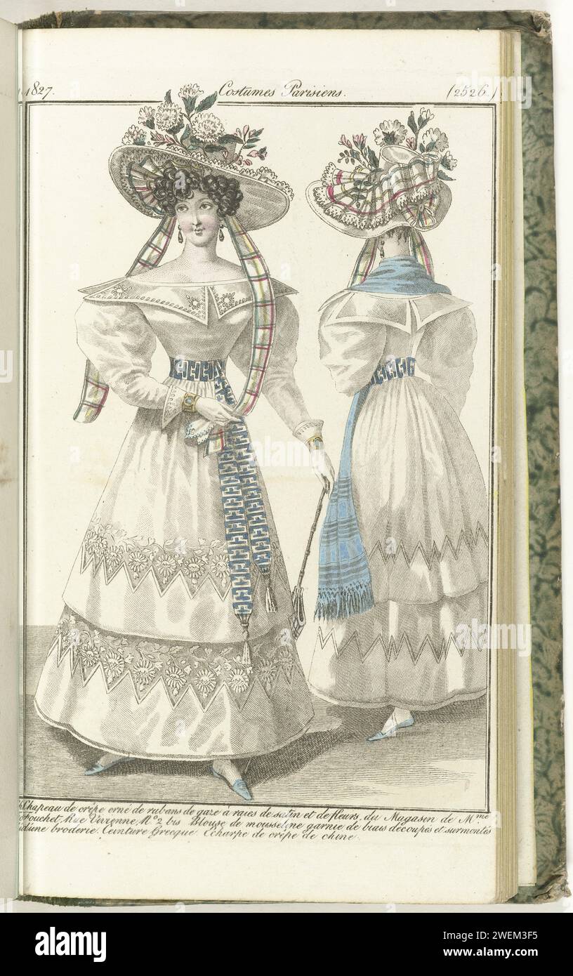 Journal of the ladies and fashions, Parisian costumes, August 15, 1827, (2526): Crêpe hat ..., 1827  'Blouse' by Mousseline decorated with a 'biais découpés et surmontés d'une Broderie'. On the head a hat of crepe decorated with flowers and ribbons from tulle with satin stripes, from the Fouchet store. 'Ceinture Grecque' and a scarf of 'Crepe de Chine'. Further accessories: earrings, gloves, parasol, flat shoes. Figure in the same ensemble, seen on the back. The print is part of the fashion magazine Journal des Dames et des Modes, published by Pierre de la Mésangère, Paris, 1797-1839. Bound wi Stock Photo
