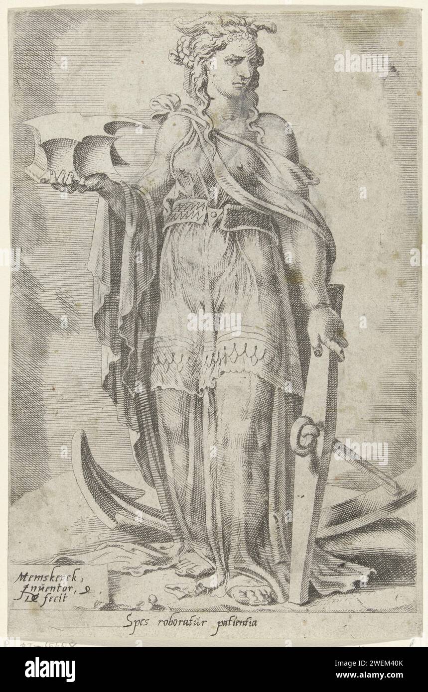 Hope strengthened by patience, Dirck Volckertsz. Coornhert, after Maarten van Heemskerck, 1550 print The personification of hope, with an anvil in her right hand like the symbol for patience. An anchor next to her. The print has a Latin caption and is part of a fourteen -part series on the subject of the way to achieve eternal salvation.  paper etching Eternal Bliss; 'FelicitÃ eterna' (Ripa) (+ symbolical representation of concept). Hope, 'Spes'; 'Speranza divina e certa' (Ripa)  one of the Three Theological Virtues. Patience; 'Patienza' (Ripa) (+ symbolical representation of concept). tools, Stock Photo