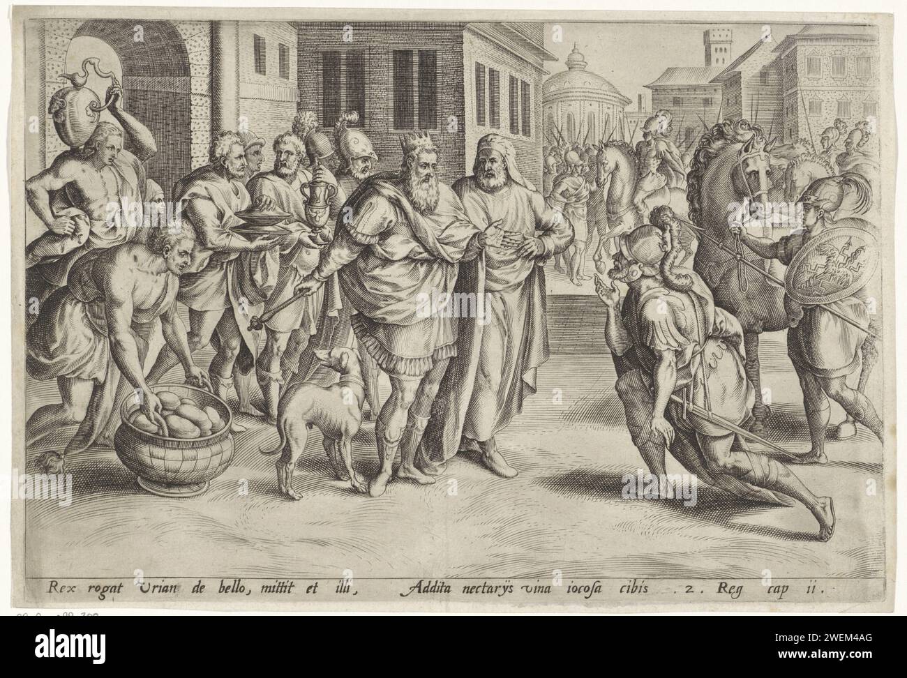 Uria recalled by David from the war, Johann Sadeler (I) (attributed to), after Marten van Cleve (I), 1585 print King David has recalled Uria, the man of Batseba, from the war. Uria kneels, dressed in his armor, for him. At Uria, David urges you to relax and to take on the wine and feeds brought by servants. Uria, however, does not go home to sleep with his wife Batseba. Under the show a reference in Latin to the Bible text in 2 SAM. 11.  paper engraving David speaks to Uriah. the soldier; the soldier's life Stock Photo