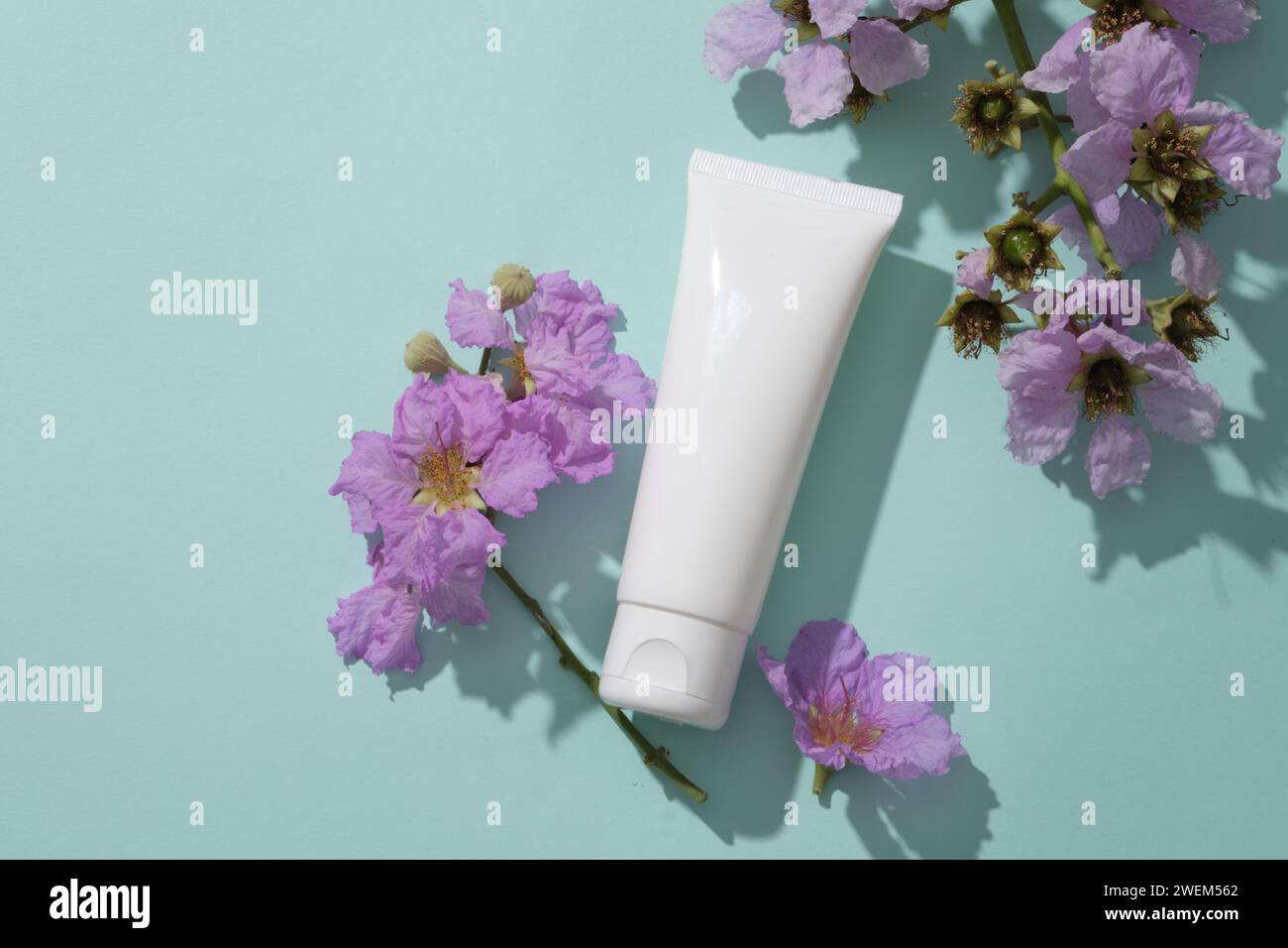 Cosmetic brand mockup on pastel background, surrounded by beauty purple flower. Plastic bottle unbranded for skin care. Packaging for cream, lotion, g Stock Photo