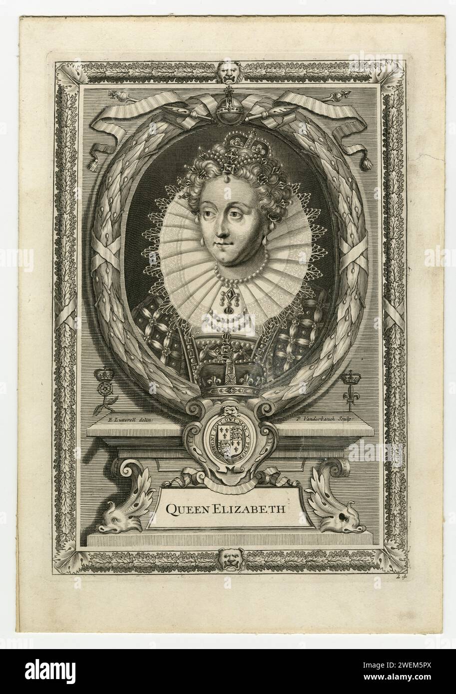 Engraving of Elizabeth I by E. Lutterell and P. Vanderbanck Stock Photo