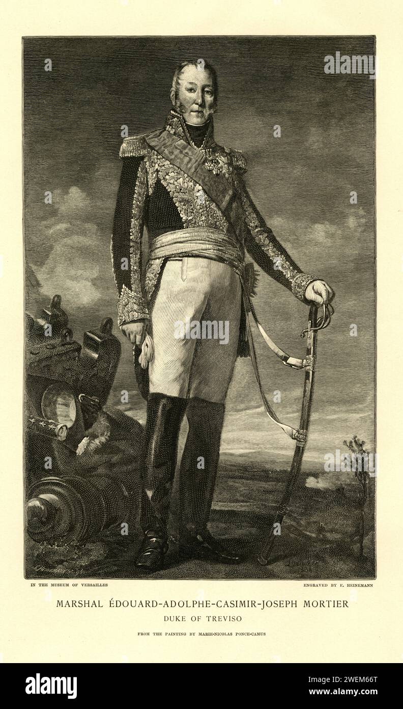 Portrait of French Marshal Edouard Adolphe Casimir Joseph Mortier, Duke of Treviso. From an engraving by E. Heinemann Stock Photo