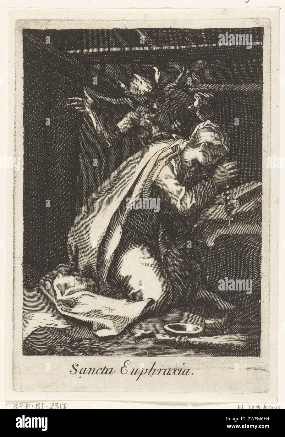 Saint Euphrasia from Constatinople as a recluse, Anonymous, After Boëtius Adamsz. Bolswert, after Abraham Bloemaert, after Gerard Valck, 1590 - 1662 print Sacred Euphrasia of Constantinople as a recliner kneels in prayer in her recluse cell and is tempted by the devil.  paper engraving female saints. anchorite, hermit Stock Photo