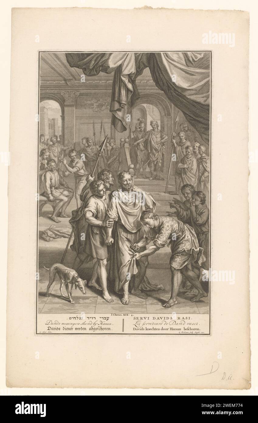 Davids servants at Hanun, Quiryn Fonbonne, After Gerard Hoet (I), 1720 - 1728 print   paper engraving / etching Hanun, king of the Ammonites, mistreats David's messengers: their beards are shaven off and their clothes are cut off Stock Photo