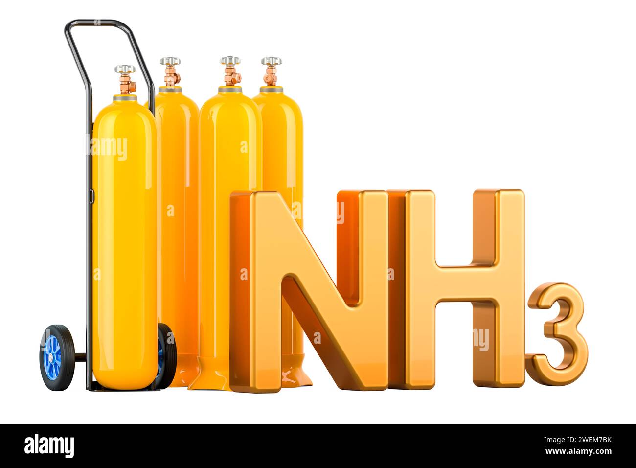 Gas cylinders with Ammonia, NH3. Yellow gas cylinders with hand truck. 3D rendering isolated on