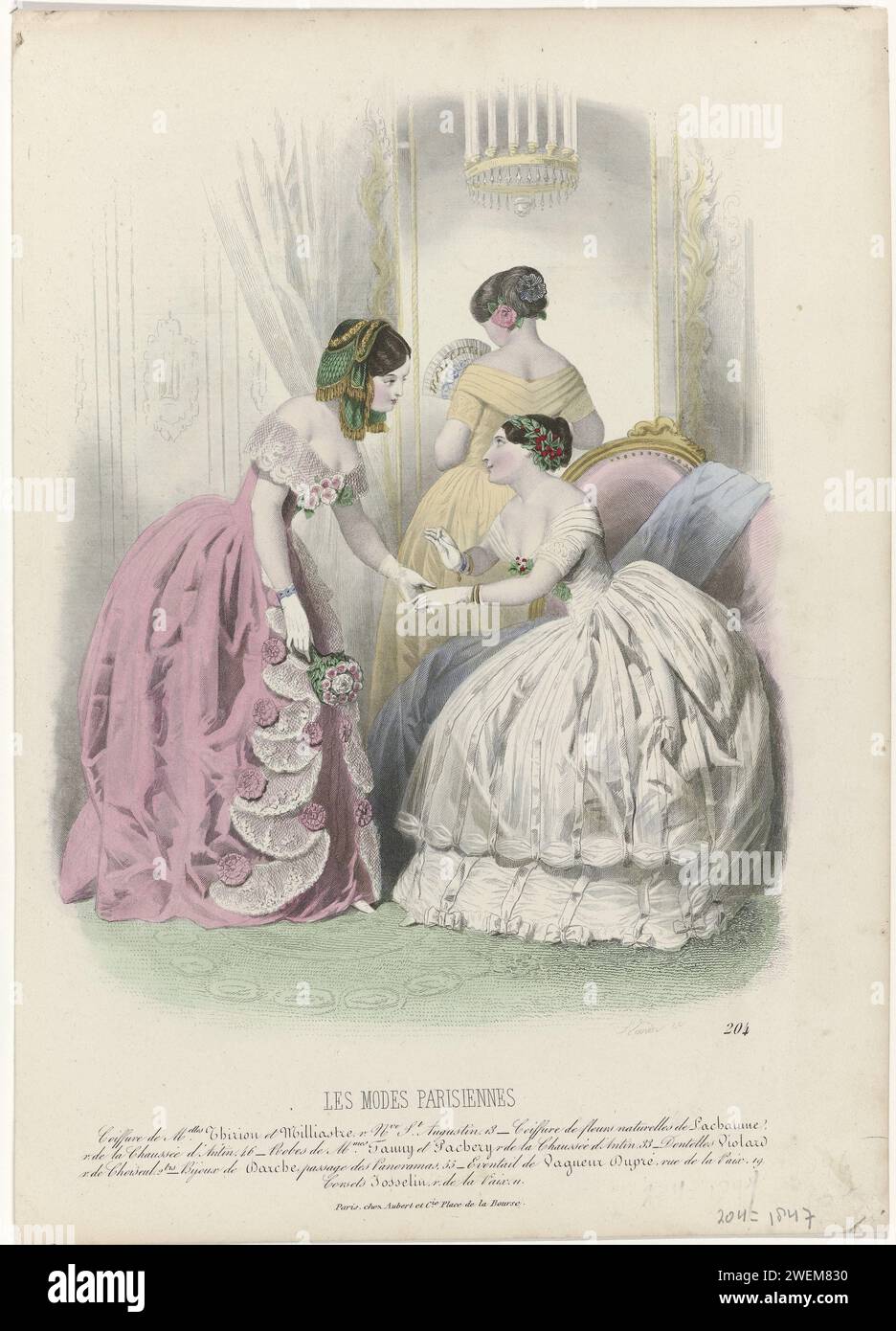 Les Modes Parisiennes, January 24, 1847, No. 204: hairstyle of Melles Thirion (...), 1847  Three women, one of whom saw on the back, in evening clothing. Left: 'Coiffure and velor' garnished with a hair network trimmed with gold -colored 'aiguillettes', from Thirion and Milliastre. Klapon of 'Taffetas d'Italie' (Tafzijde). Right: 'Coiffure' with flowers and holly leaves, from Lachaume. Tulle dress with draped body and two skirts decorated with ribbons. According to the caption: dresses from Fanny and Pachery. Side of Violard. Jewelry from Darche. Fan of Vagueur Dupré. Below a rule of advertisi Stock Photo