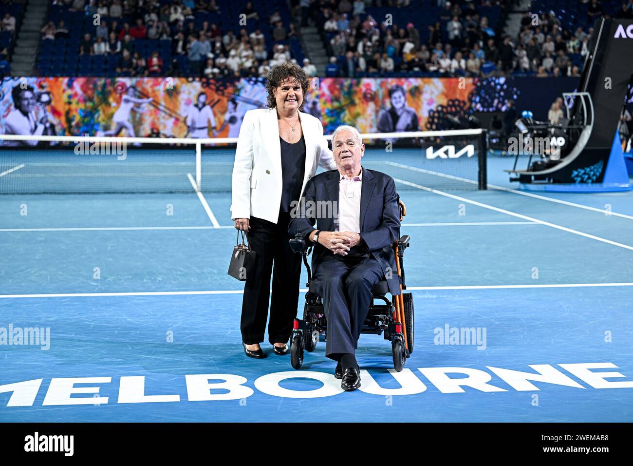 Evonne Fay Goolagong Cawley with her husband Robert Cawley during the Australian Open AO 2024
