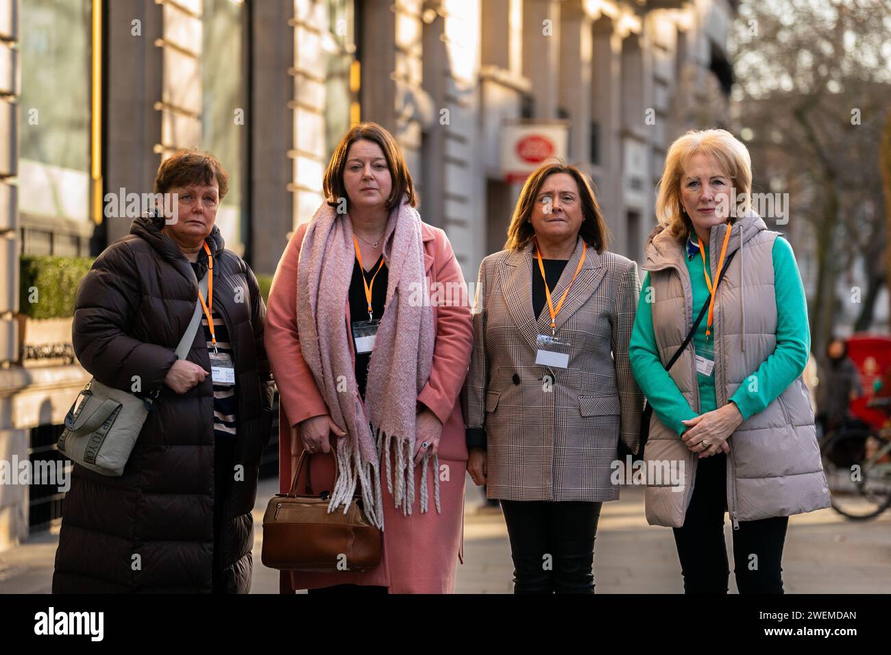 Northern Irish subpostmistresses Katherine McAlerney, Heather Earley, Deirdre Connolly and Maureen McKelvey arrive at Aldwych House, central London, to give evidence to phase four of the Post Office Horizon IT inquiry. Picture date: Friday January 26, 2024. Stock Photo