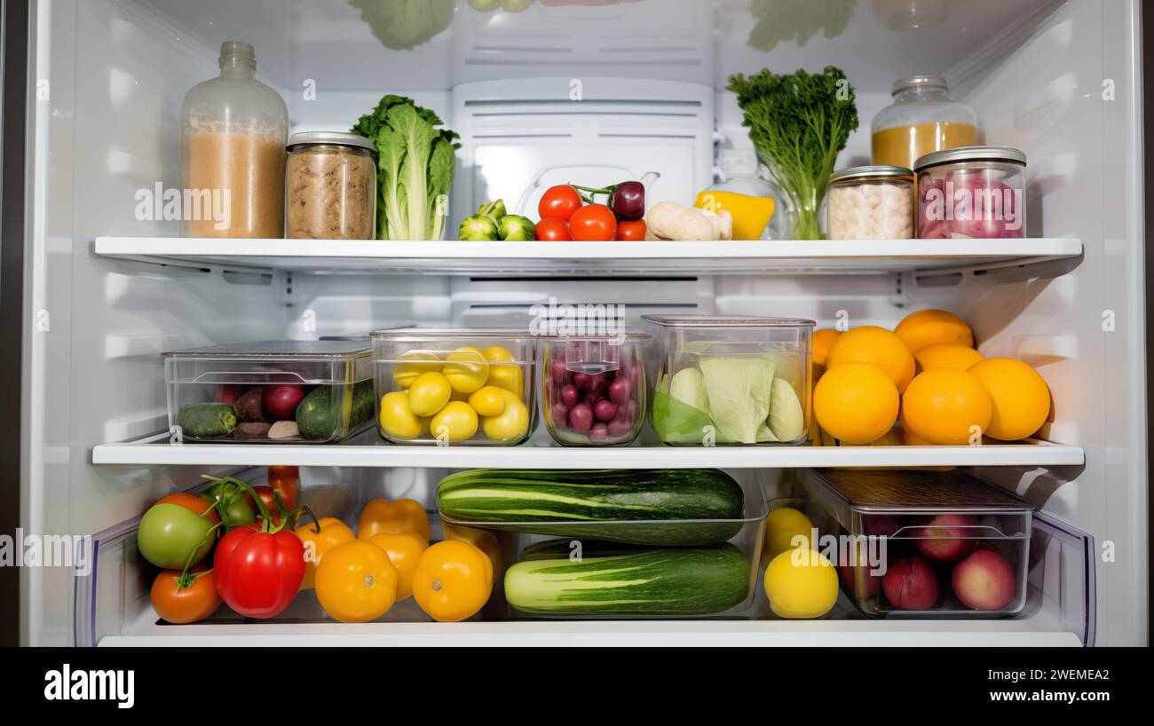 healthy fruits and vegetables in refrigerator shelfs Stock Photo Alamy