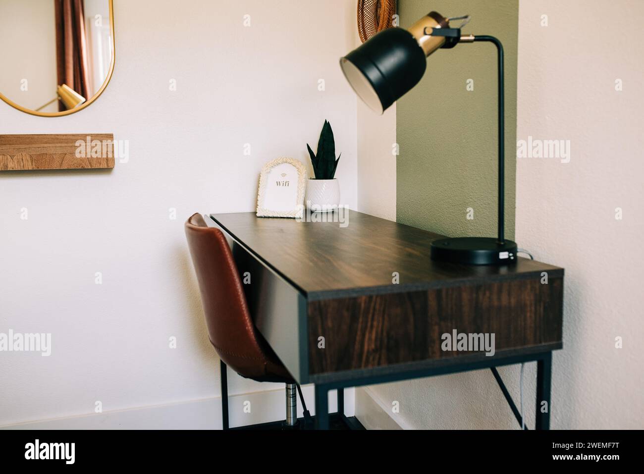 Minimalist Boho Desk With Lamp Stock Photo Alamy