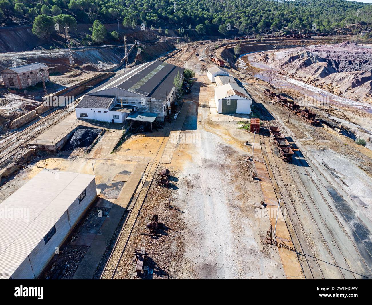Aerial drone view of an old and rusty remains of the old copper mining exploitation in Minas de Riotinto, used for excavation and transportation of th Stock Photo