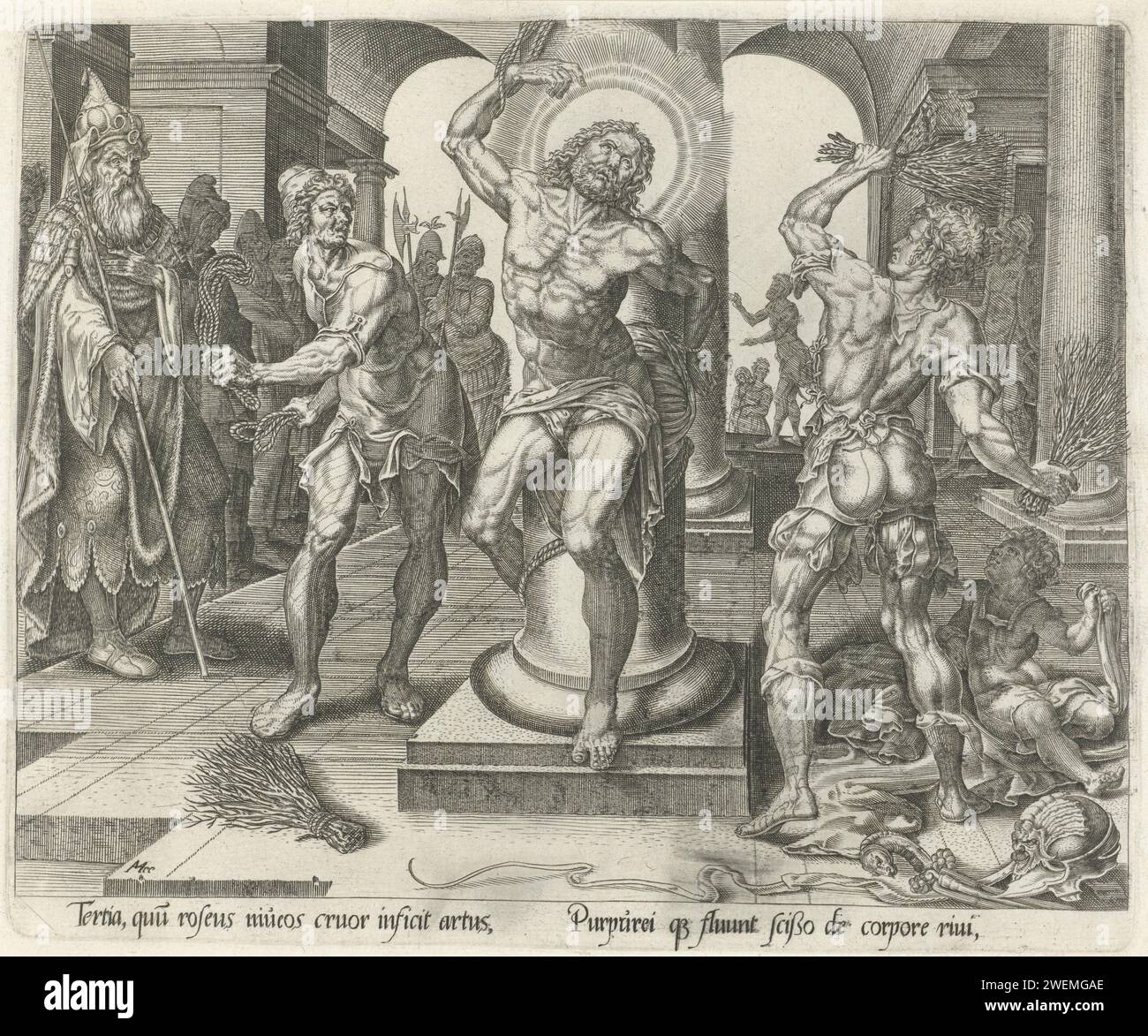 Messeling, Harmen Jansz Muller, After Maarten van Heemskerck, 1565 print Christ, tied to the scenel, is beaten by two men with rod and rope. On the left, Pilatus looks. At the bottom of the margin a verse in Latin. Print is part of a series about the seven bleeding of Christ.  paper engraving the crowning with thorns: soldiers with sticks place a thorny crown on Christ's head and give him a reed (Matthew 27:27-31; Mark 15:16-20; John 19:2-3) Stock Photo