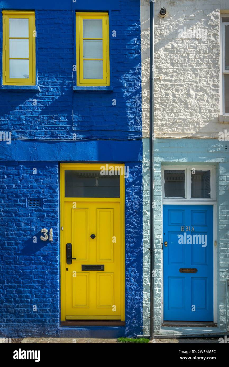 Blue and yellow doors in St Luke Mews, colorful houses in Notting Hill