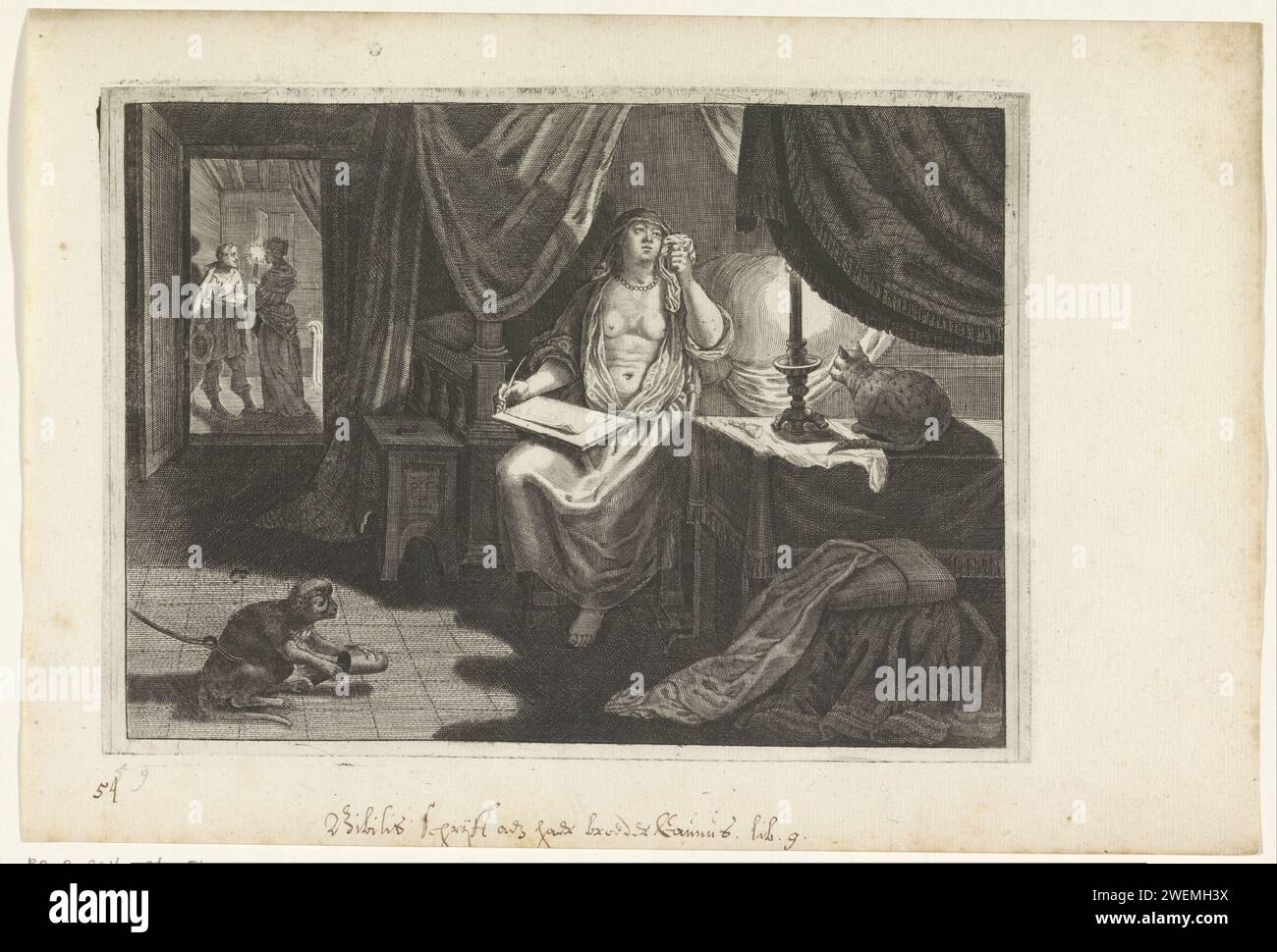 Byblis writes her brother Caunus a love letter, c. 1636 - 1670 print Byblis is in love with her brother Caunus and writes him a love letter in which she explains her feelings. A cat and a monkey watch. In the background, a servant Caunus gives the letter.  paper engraving Byblis falls in love with her brother Caunus, who scorns her love Stock Photo