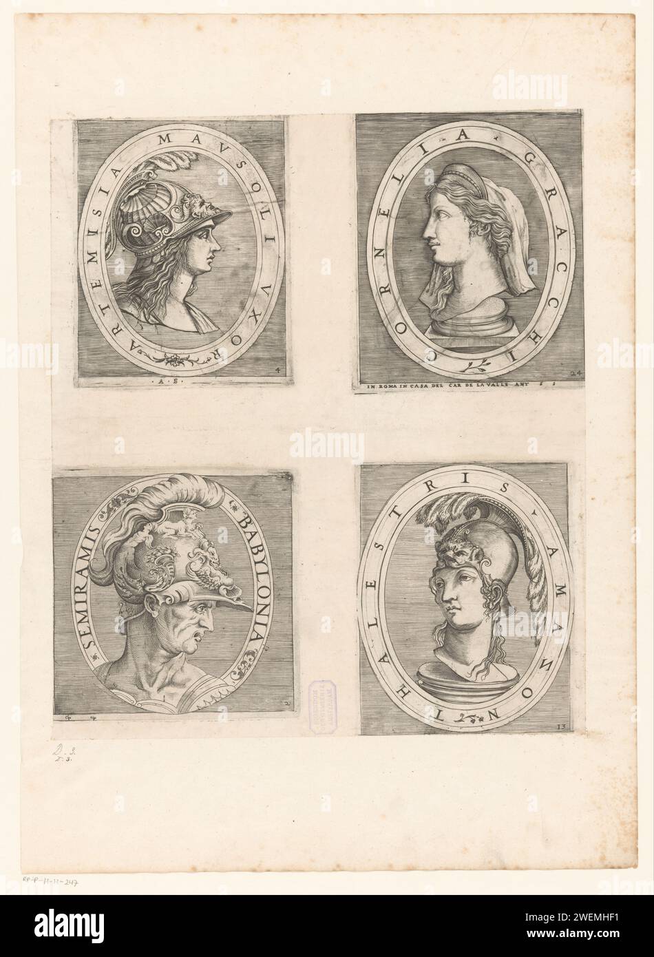 Vier PortetBustes, Anonymous, Antonio Salamanca, 1510 - 1562 print Leaf with four performances of medallions with busts. At the top left: portrait bust of Artemisia Mausoli Uxor. Numbered below: 4. At the top right: Portrait bust of Cornelia Gracchi. Numbered below: 24. Bottom left: Semiramis Babylonia. Numbered bottom right: 2. bottom right: Portrait bust of Thalestris Amazon. Numbered below: 13.  paper engraving historical persons. historical persons - BB - woman. helmet. piece of sculpture, reproduction of a piece of sculpture Stock Photo