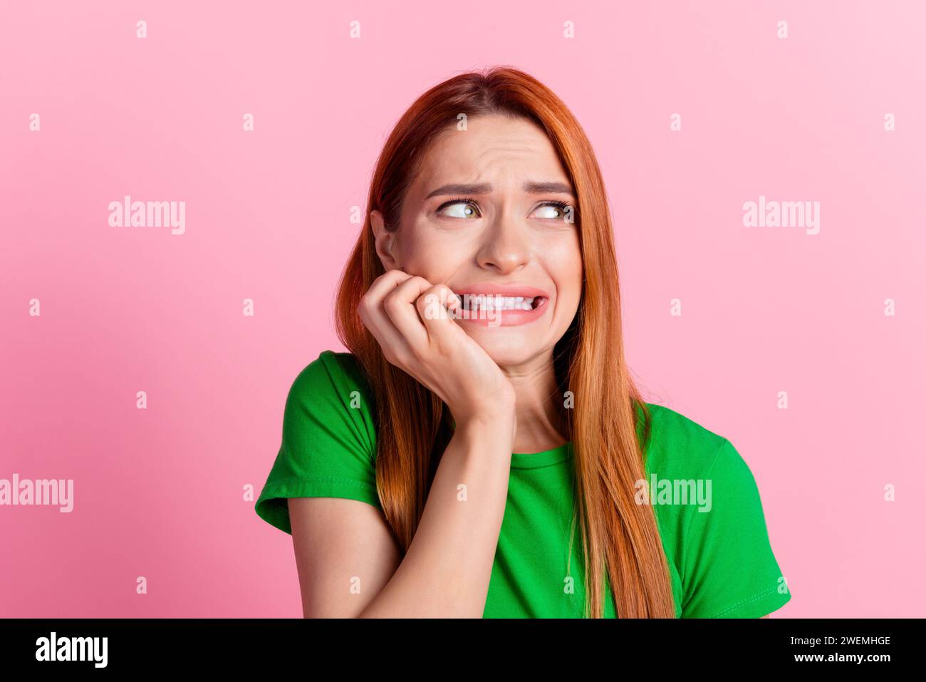 Photo of horrified woman with ginger hair dressed green t-shirt look ...