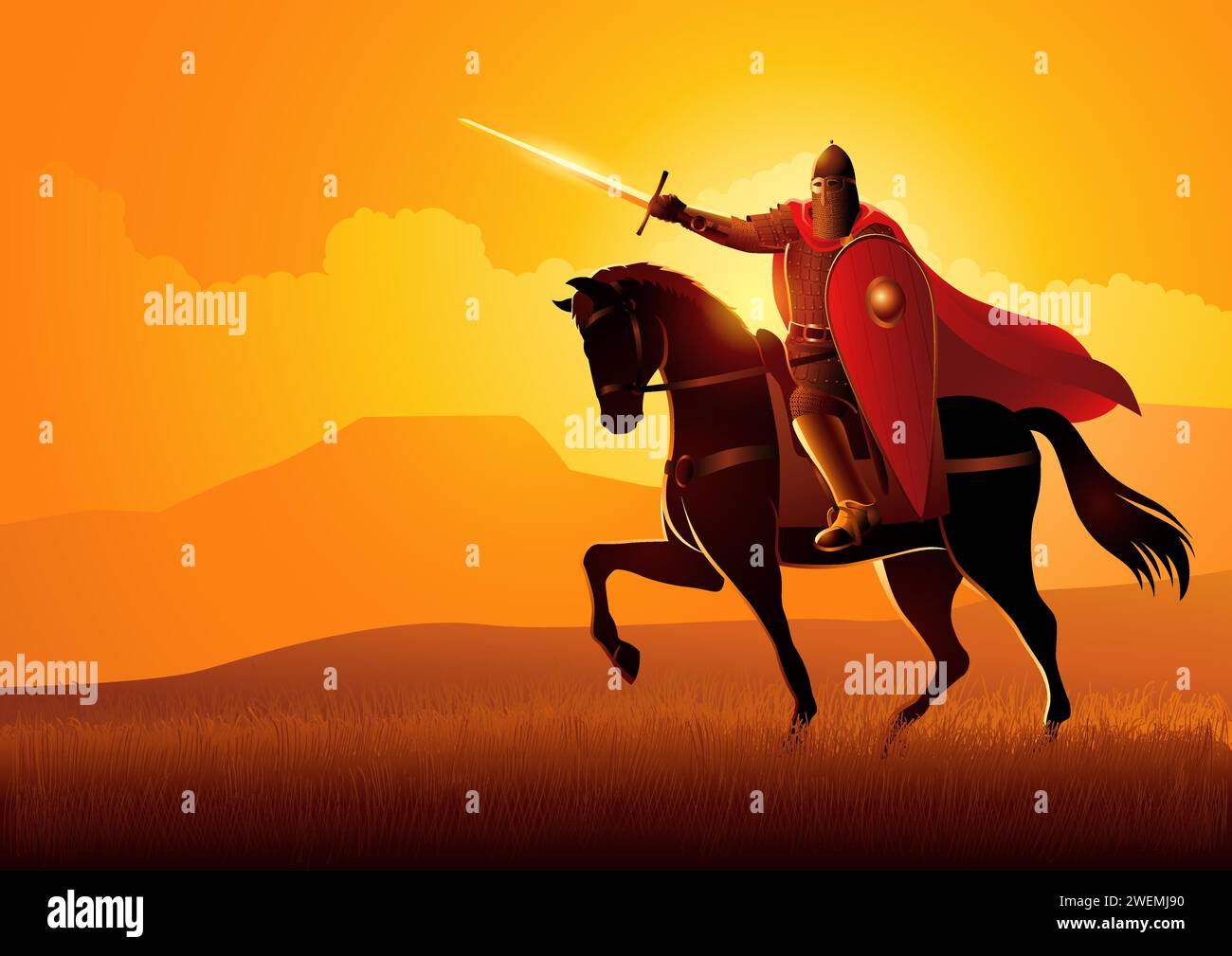 Vector illustration of medieval Slavic knight on horseback Stock Vector