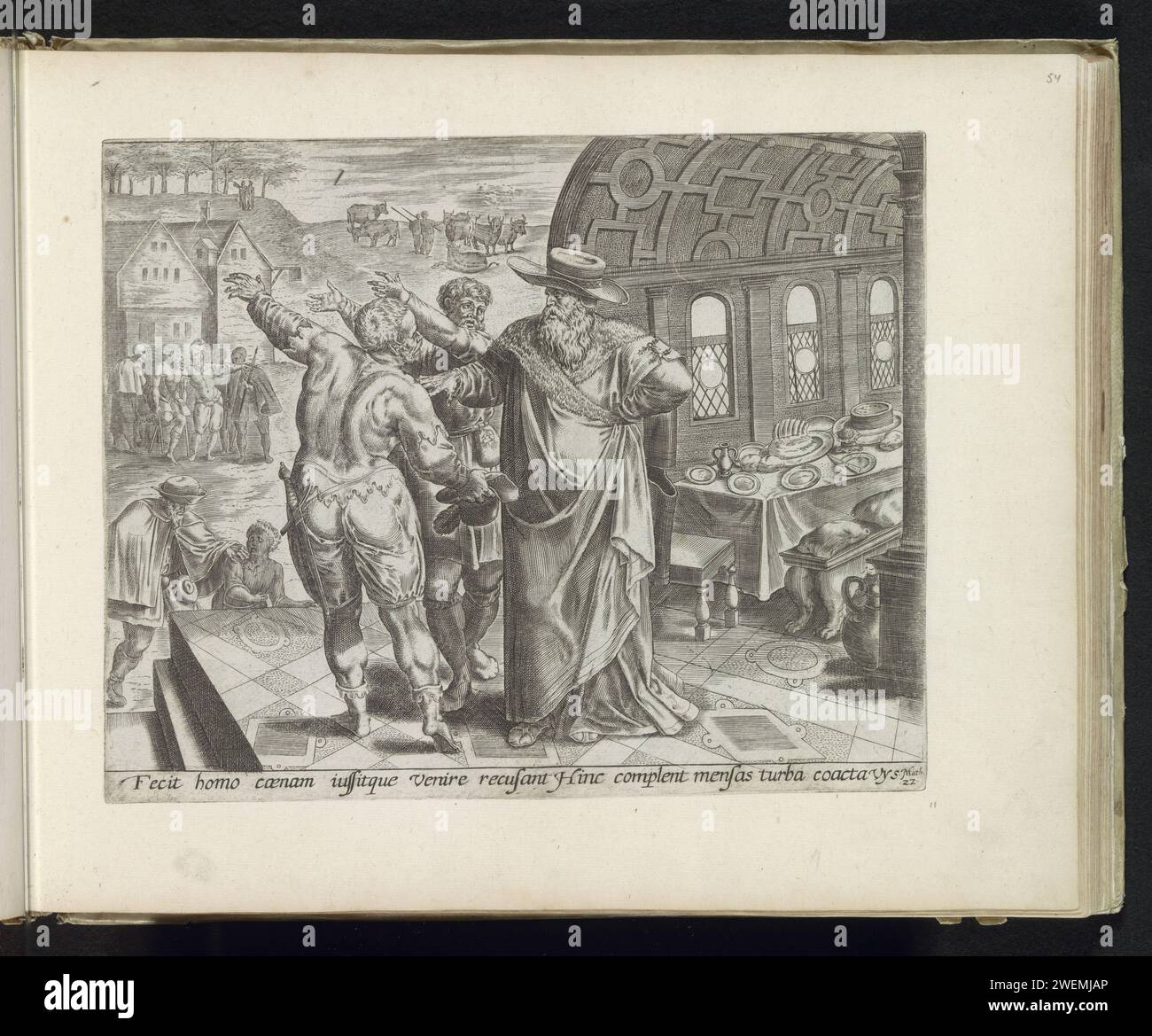 Parable of the Royal Wedding Festival: The Invitation of the King, 1585 print A king has commissioned his servants to invite the wedding guests to his son's wedding party. The table is already covered. The two servants who are with him, however, tell him that the guests refuse to come because they are doing other things. In the background the guests go to their fields. The king then instructs the servants to invite everyone on the street. On the left, people from the street, including crippling, are invited. Under the show a reference in Latin to the Bible text in mat. 22. This print is part o Stock Photo