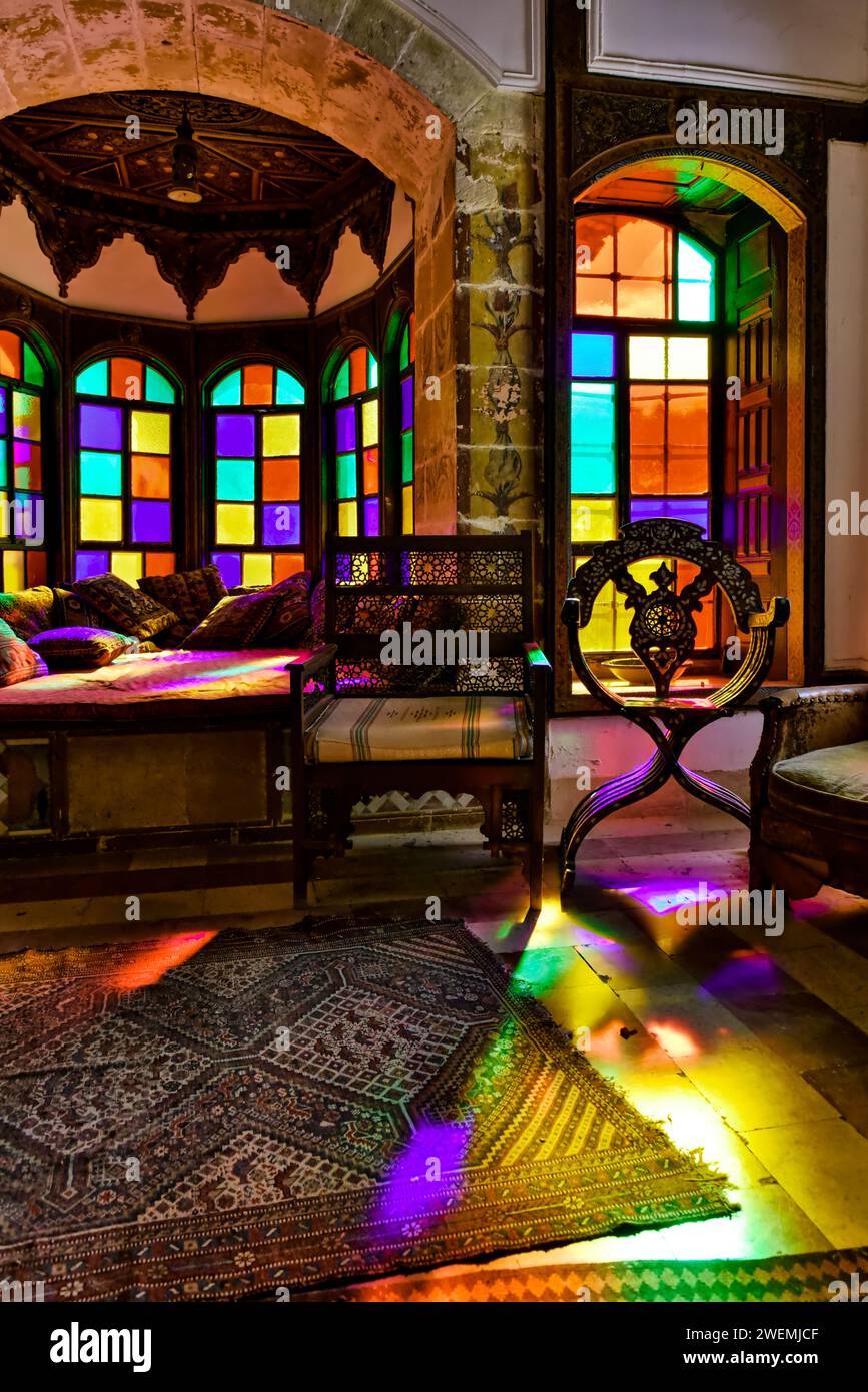 Interior of Beiteddine Palace, stained glass windows casting beautiful lights. Beiteddine, Lebanon. Stock Photo