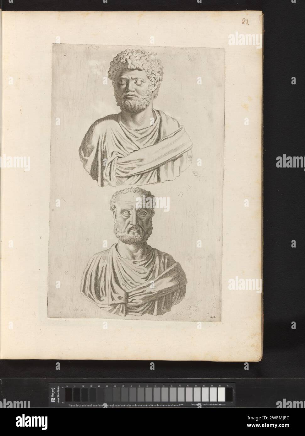 Two portrait busts of Emperor Domitianus and Emperor Tiberius, 1636 - 1647 print Two Roman portrait busts of Emperor Domitian and Emperor Tiberius. In the middle the coat of arms of Vincenzo Giustiniani. Print is part of an album with a series of prints to the sculptures in the collection in the Galleria Giustiniani in Rome.  paper engraving male persons from classical history (+ head, bust, etc.). piece of sculpture, reproduction of a piece of sculpture Stock Photo